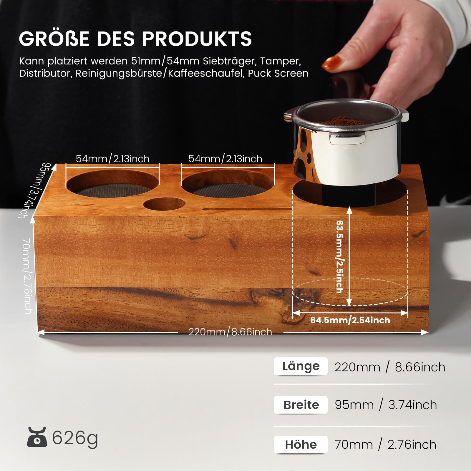 Tamperstation 51 mm/54 mm, supporto in legno di noce, tamping Station per accessori barista, 51 mm, 54 mm, con cuscino in silicone, altezza regolabile