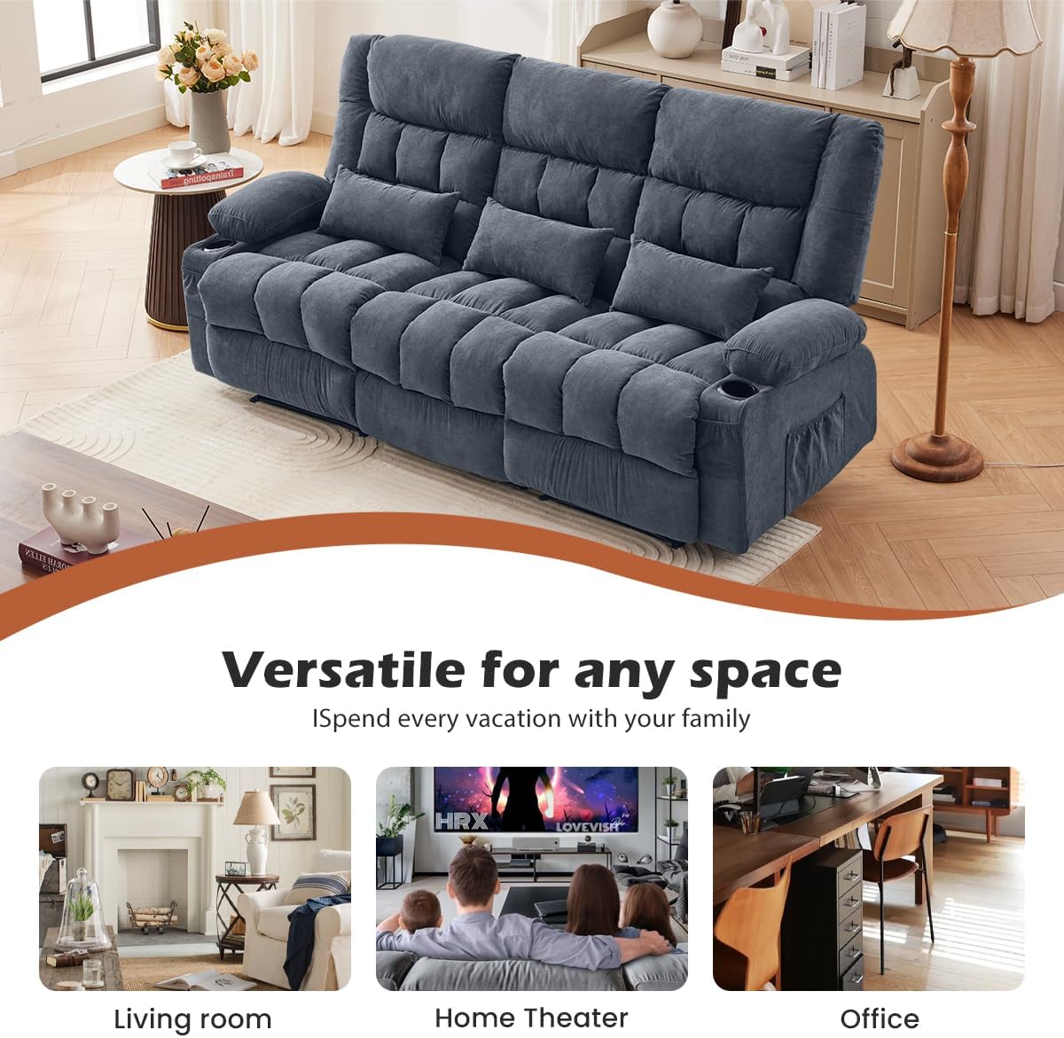 3-Seat Manual Recliner Sofa with Cup Holders Side Pocket Ergonomic Design for Living Room