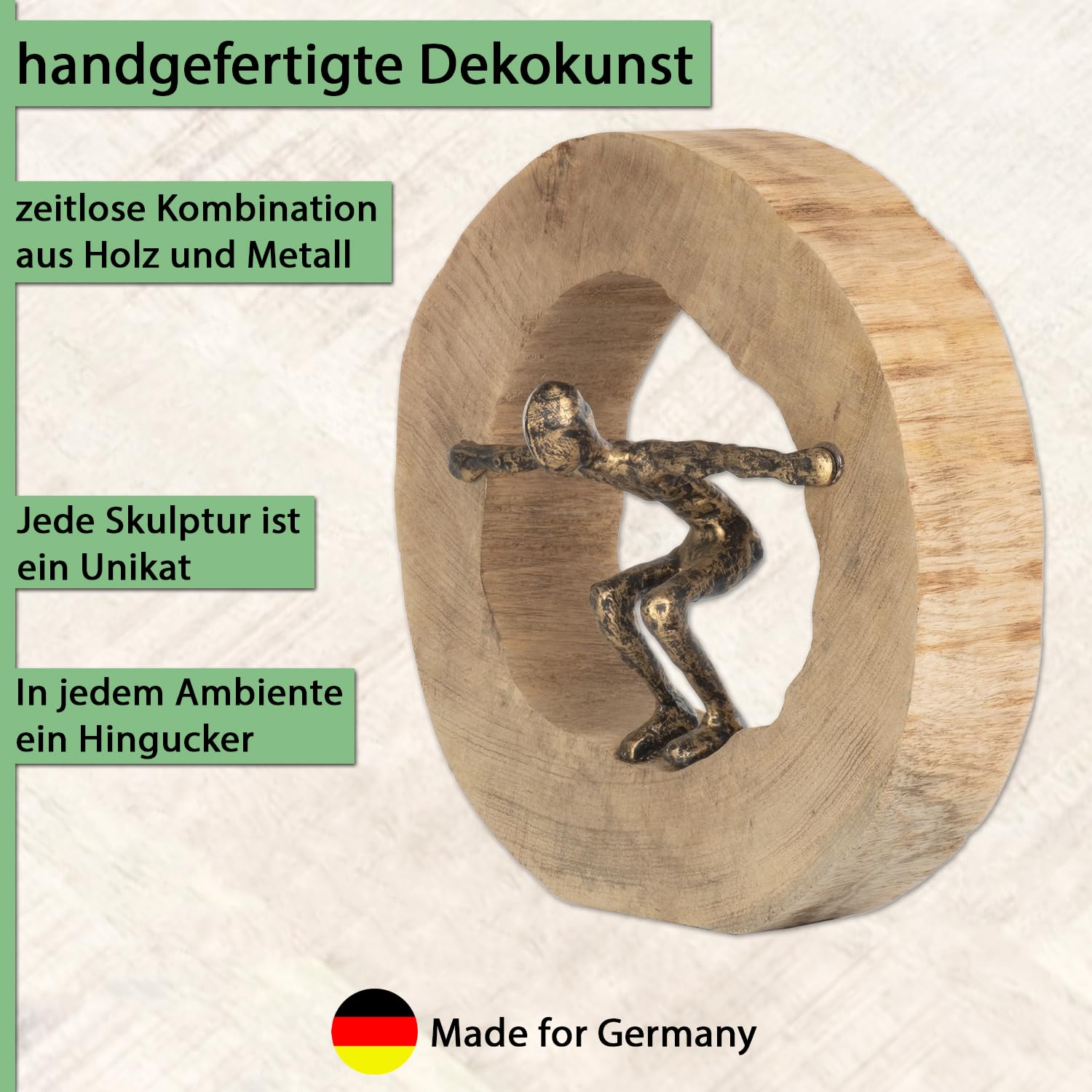 Moritz Skulptur Wage den Sprung 27 cm schwarz-Gold – Mangoholz Deko Figur | Handgefertigt aus Massivholz und Aluminium, Unikat mit feiner Maserung, Symbol für Mut und Balance, ideal für Büro und Regal