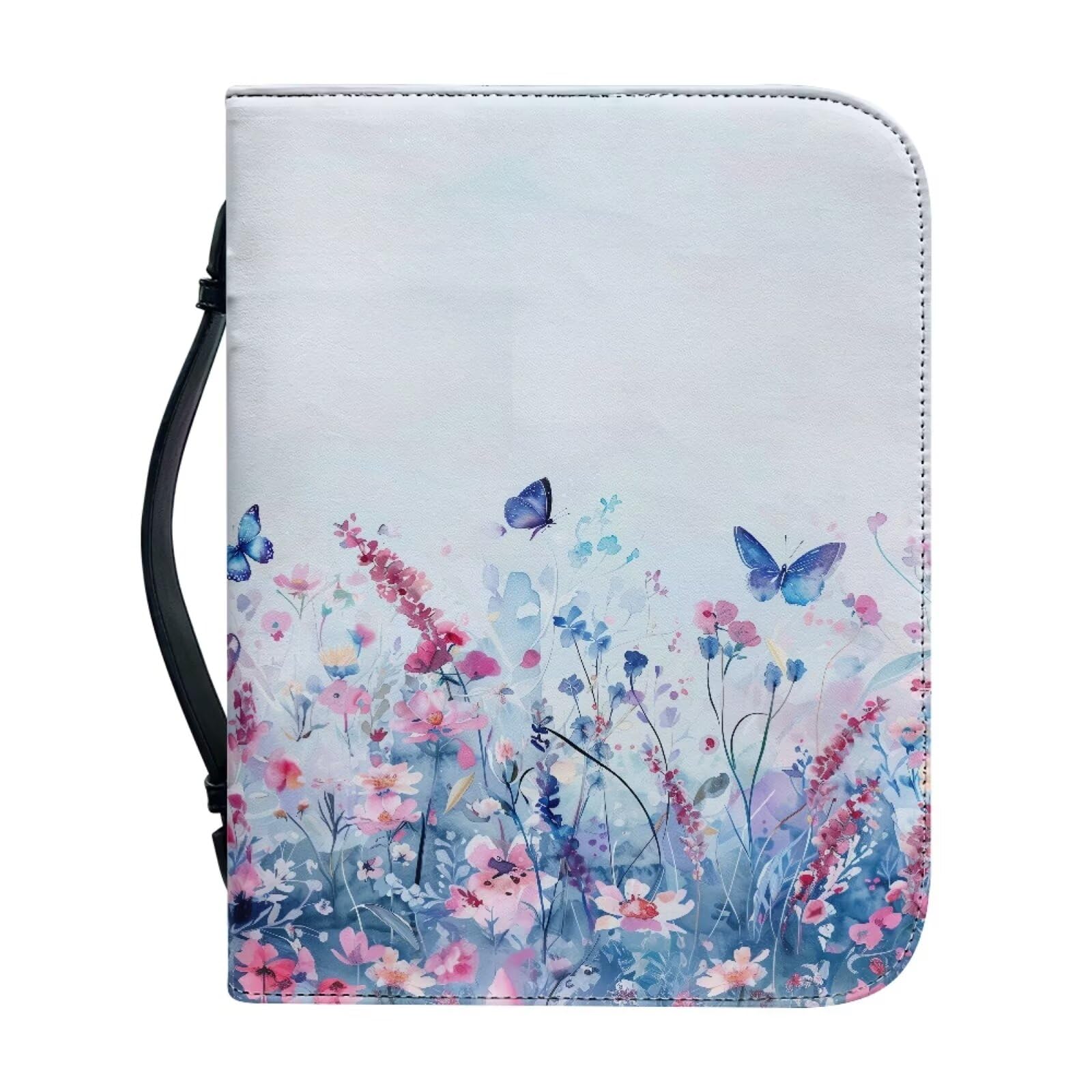 Ceudet Blue Flowers and Colorful Lavender Bible Covers for Women Large Capacity PU Leather Bible Carrying Case with Handle Bible Bag Church Bagfor Christian,M