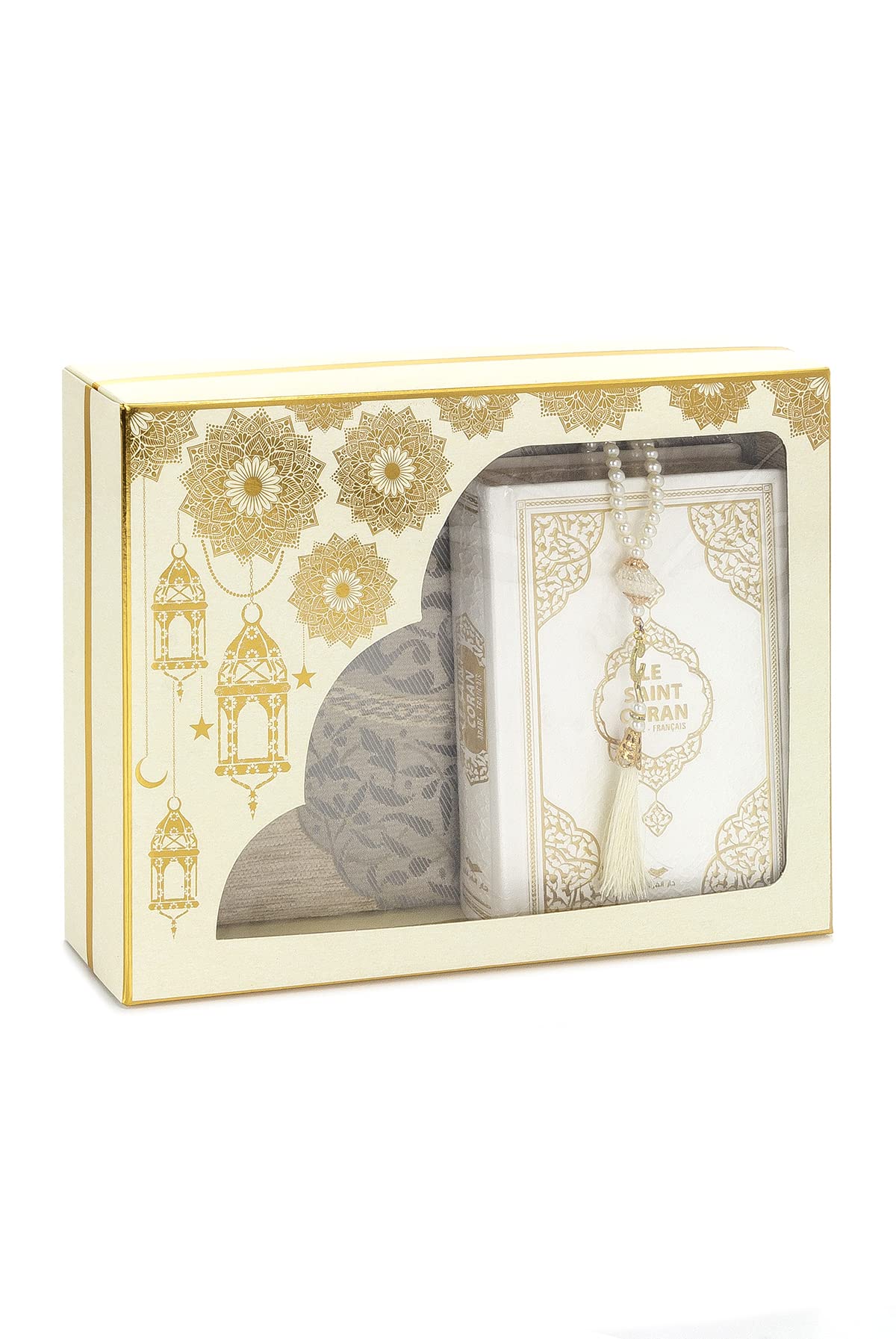 Geschenkset Mirac met een lederen Koran, gebedskleed en tasbih goud