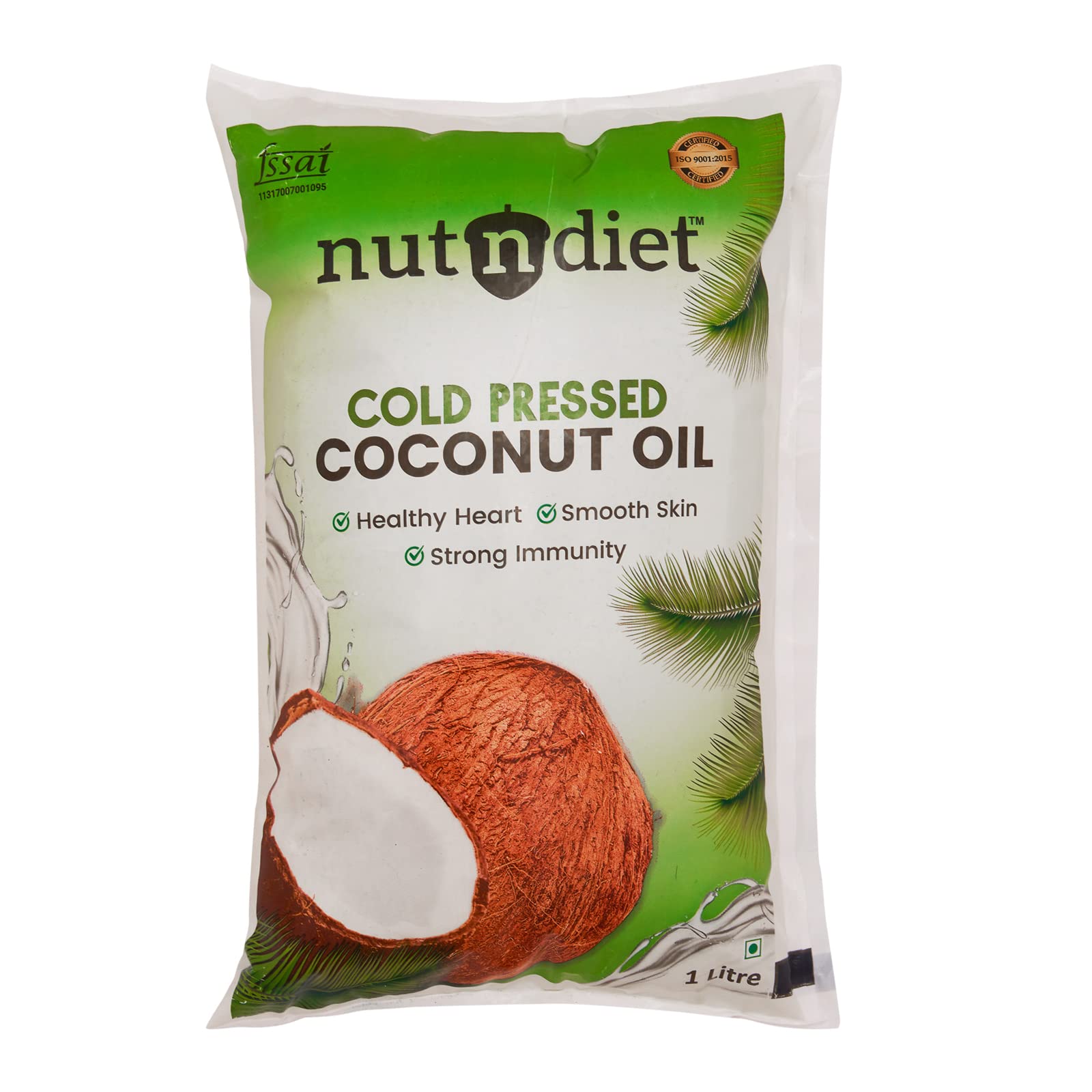 nutndiet Cold Pressed Coconut Oil 1 Litre Pouch | Pure & Natural | Ideal for Cooking, Skin Care, Hair Care & Massage | Chemical-Free, Rich in Nutrients & Antioxidants