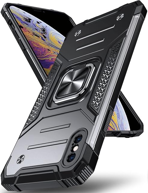 DASFOND Designed for iPhone X/XS Case, Military Grade Protective Phone Case with Enhanced Metal Ring Kickstand [Support Magnet Mount] for iPhone X/XS 5.8 inch, Black