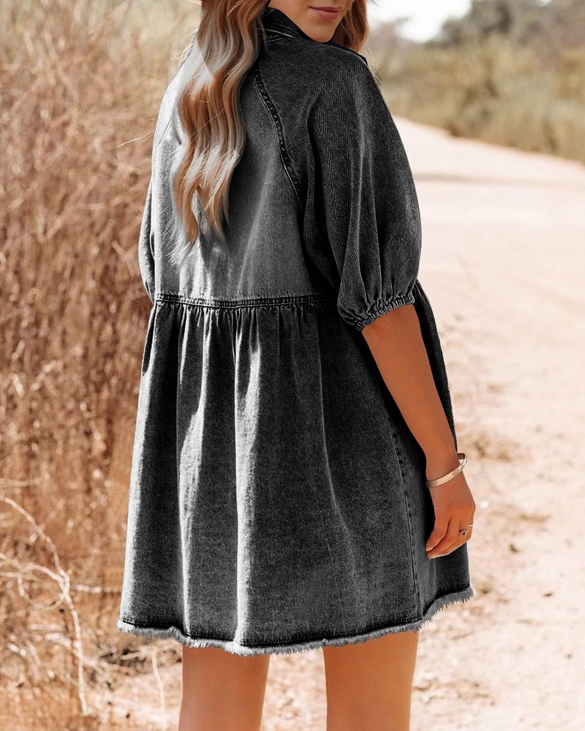 Pepochic Womens Summer Denim Dress Button Down Short Sleeve Babydoll Dress Puff Sleeve Flowy Jean Dress - Image 2