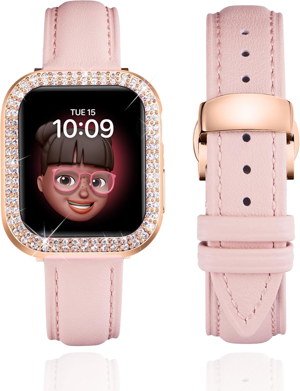 BINLUN Leather Band Compatible with Apple Watch 46mm 45mm 44mm 42mm 41mm 40mm Women Leather Strap with Glitter Diamond Case Compatible with iWatch Series 11/10/9/8/7/SE3/SE2/SE/6/5/4
