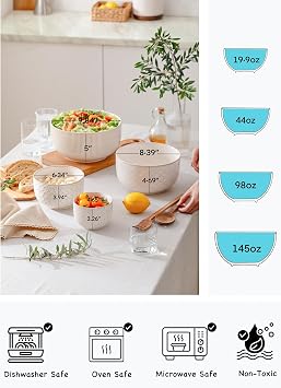 Mikiegy Ceramic Mixing Bowls Set of 4, Nesting Ceramic Embossment Stoneware Mixing Bowls for Cooking, Serving, Popcorn, Salad etc, Microwave & Dishwasher Safe, 20/44/98/145 oz, Off-White