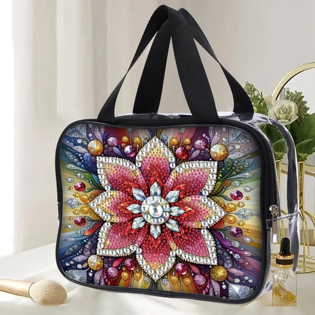 Floral Gemstone DIY Diamond Art Makeup Bag Transparent PVC Storage Pack Stylish Handheld Clutch for Adults Relaxing Hobby Handmade Gift Art Fashion Accessory image 2