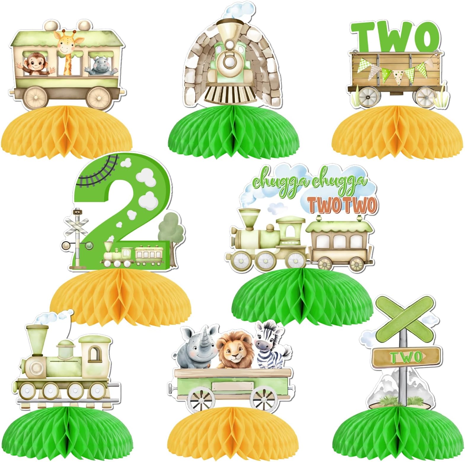 Chugga Chugga Two Two Party Decor 8Pcs Train 2nd Honeycomb Centerpiece Birthday Decor Green Train Decorations Choo Choo Train Theme Party Supplies for Two Years Boy Girl