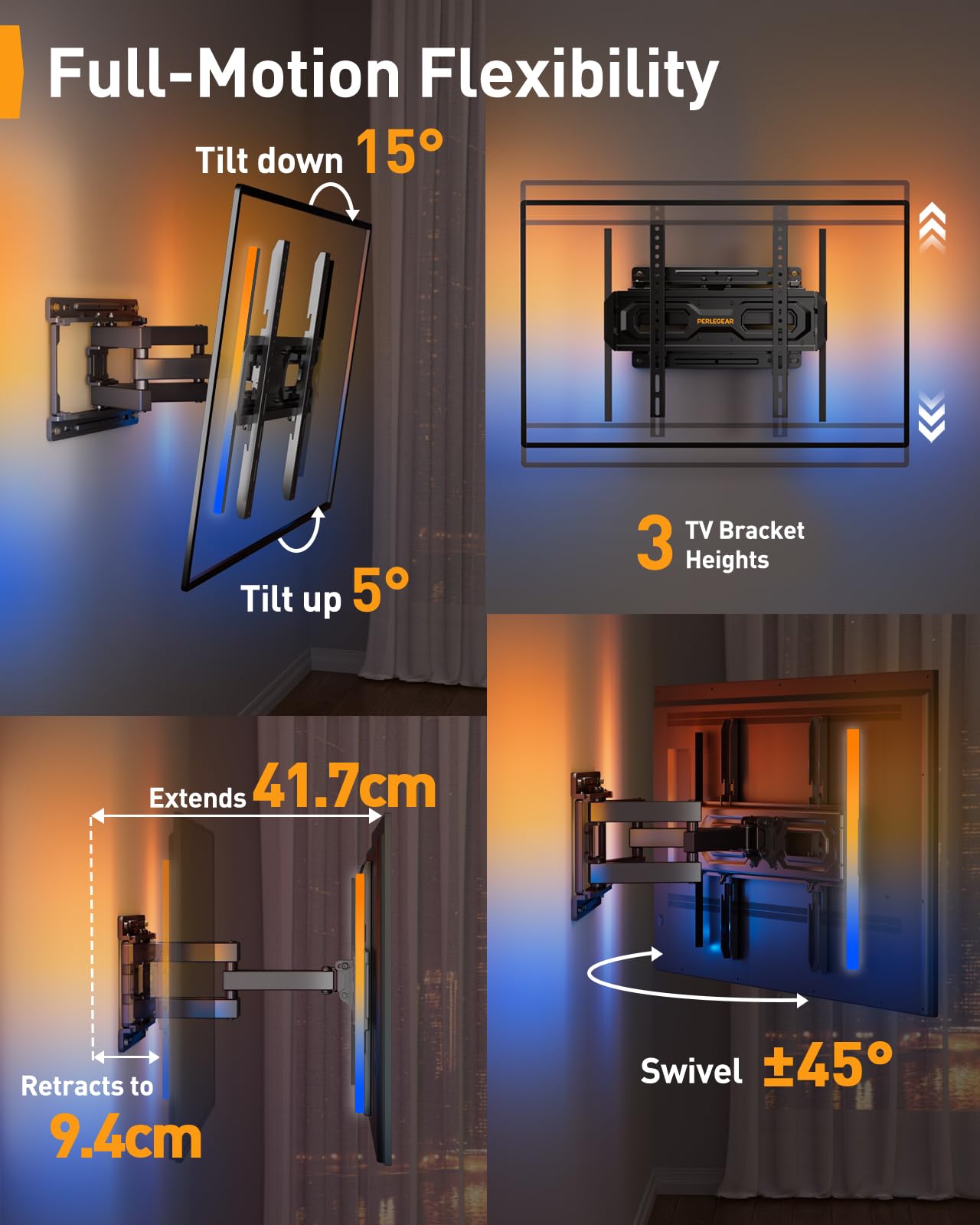 Perlegear TV Wandhalterung für 26-65 Zoll TVs bis 45 kg, LED-Hintergrundbeleuchtung mit Musik-Synchronisation, Max VESA 400x400mm mit Schwenk, Erweiterungs und Neigefunktion PGMF20