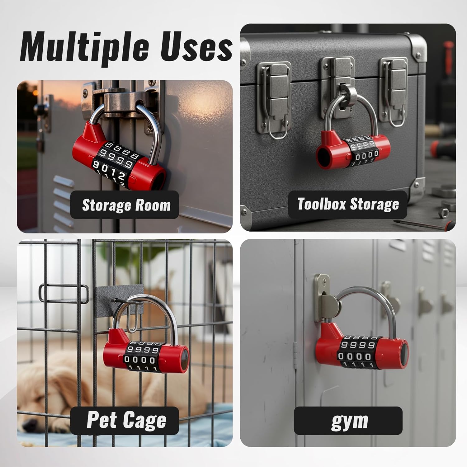 Combination Locks Gym Locker Lock 4 Digit Combination Padlock Lock for Gym Locker for Sports Toolbox Case Hasp Storage (Shackle Red)