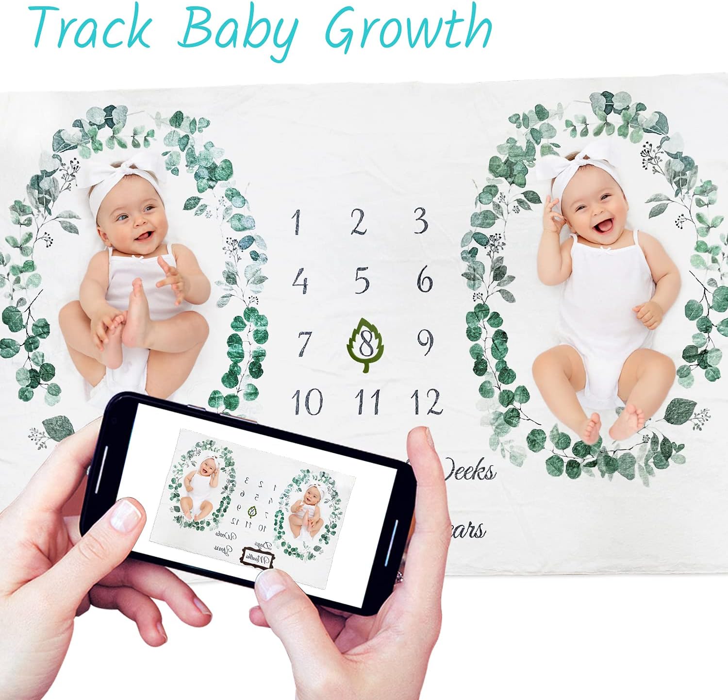 Twins Baby Milestone Blanket for Boys & Girls, Premium Flannel Photography Background Prop Blankets, Neutral Boho Green Leaf Wreath…