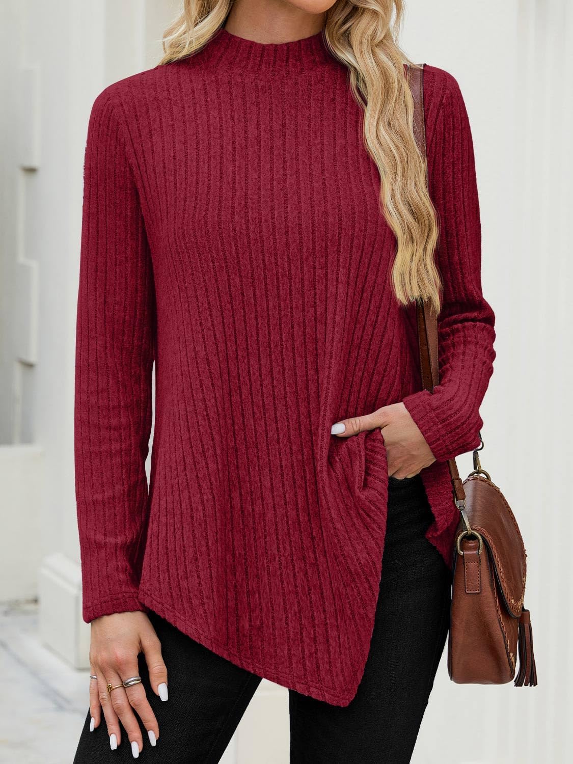 JUSTFASHIONNOW Mock Turtleneck Tops for Women Cozy Sweaters Trendy Long Sleeve Shirts Tunic Tops to Wear with Leggings - Image 3