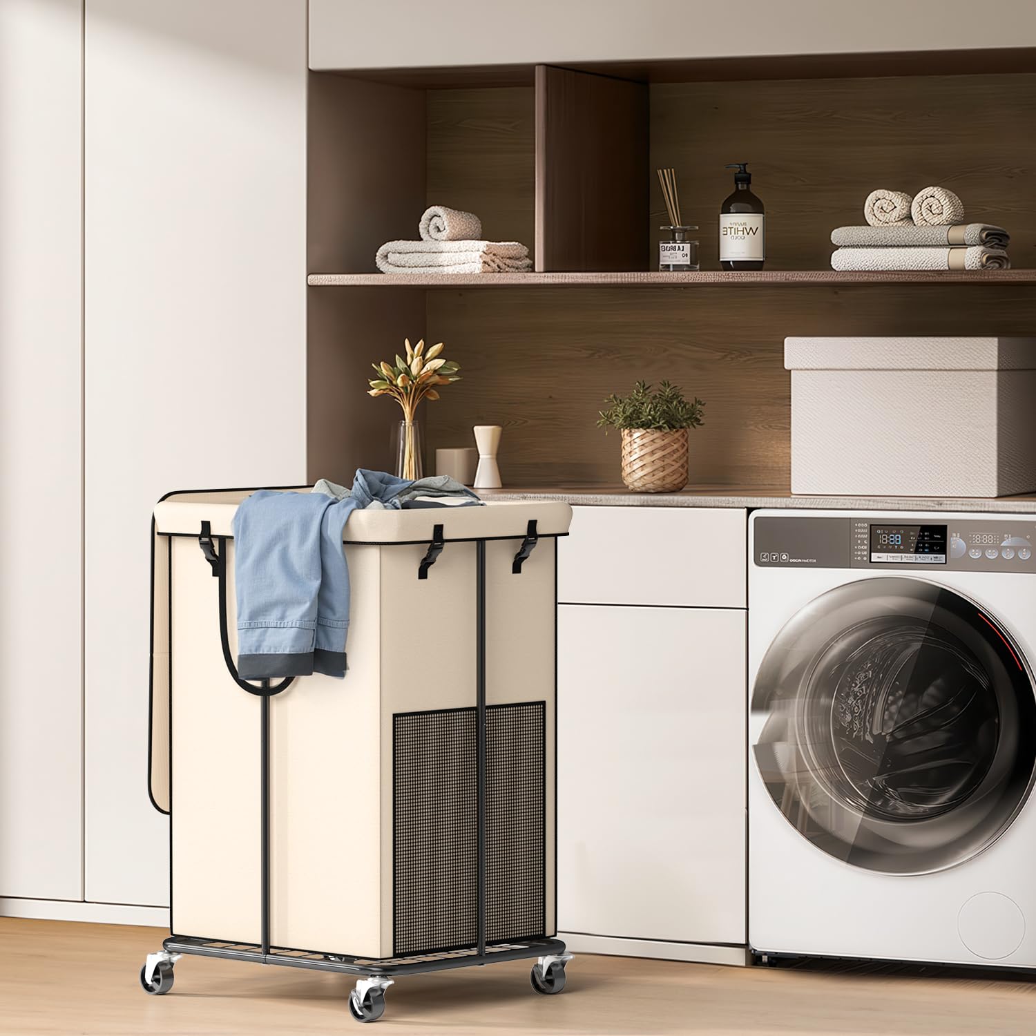 Cestas de lavandería grandes de 150 litros con tapa, cestas de tela Oxford, marco de metal y bolsa extraíble, diseño con ruedas para dormitorio, baño, dormitorio, lavandería (tapa de helado)