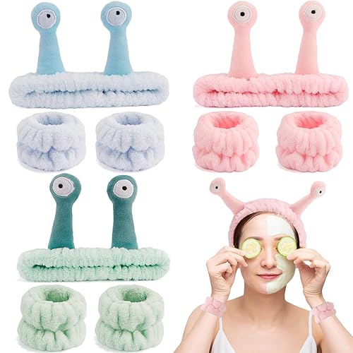 SuPoo 9 Pcs Skincare Headbands Snail Spa Headband and Wristband Set Alien Headband Pink Face Wash Wristbands Cute Makeup Headband Hair Band for Washing Face Wrap Head Towel Wrist Towels for Shower - Green blue pink
