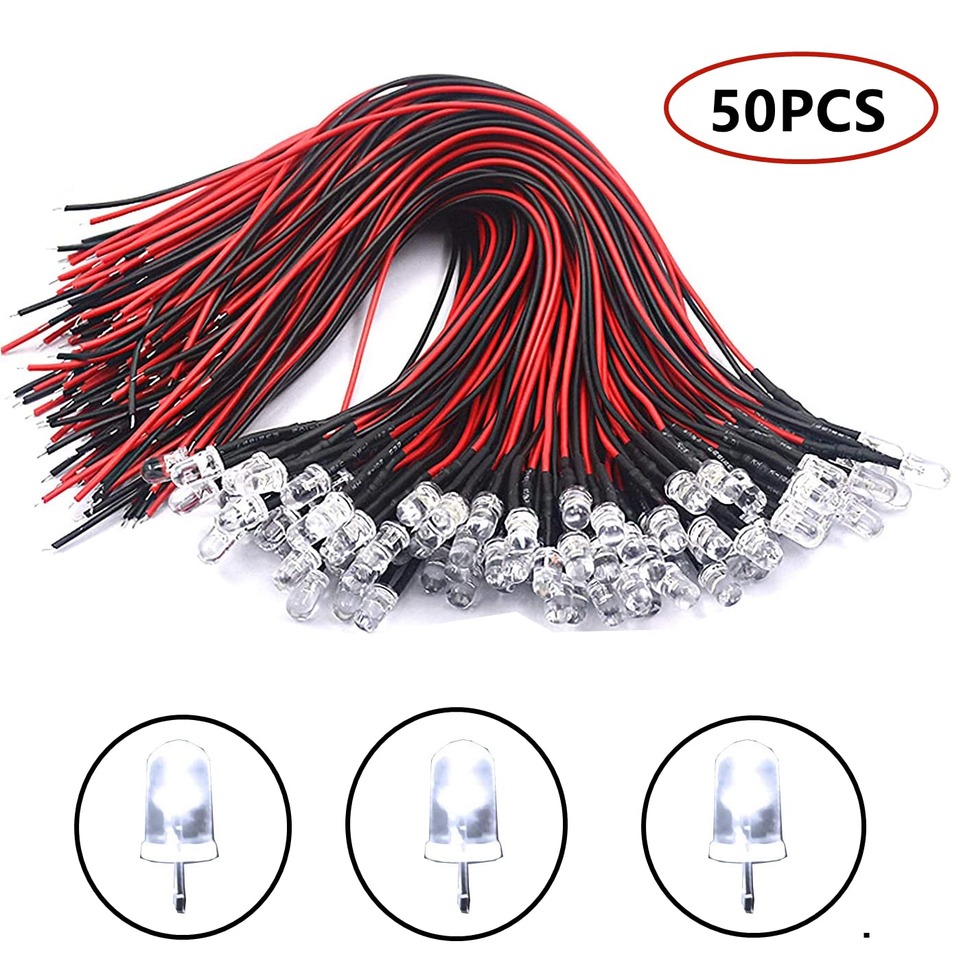 HUAZIZ 50 Pezzi 5mm Luce a Diodi LED Precablata 12V 20cm, Diodo ad Emissione Luminosa LED Bianca, per Trasformazione e Illuminazione di Circuiti Automobilistici, Modellazione di Prototipi