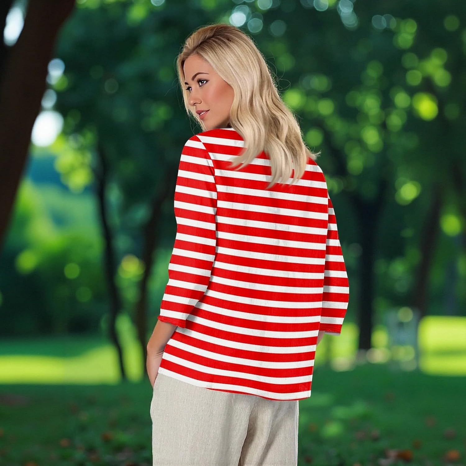 3/4 Length Sleeve Womens Tops Summer Three Quarter Striped Shirts Plus Size Trendy Casual Loose Fit Soft Blouse Tees