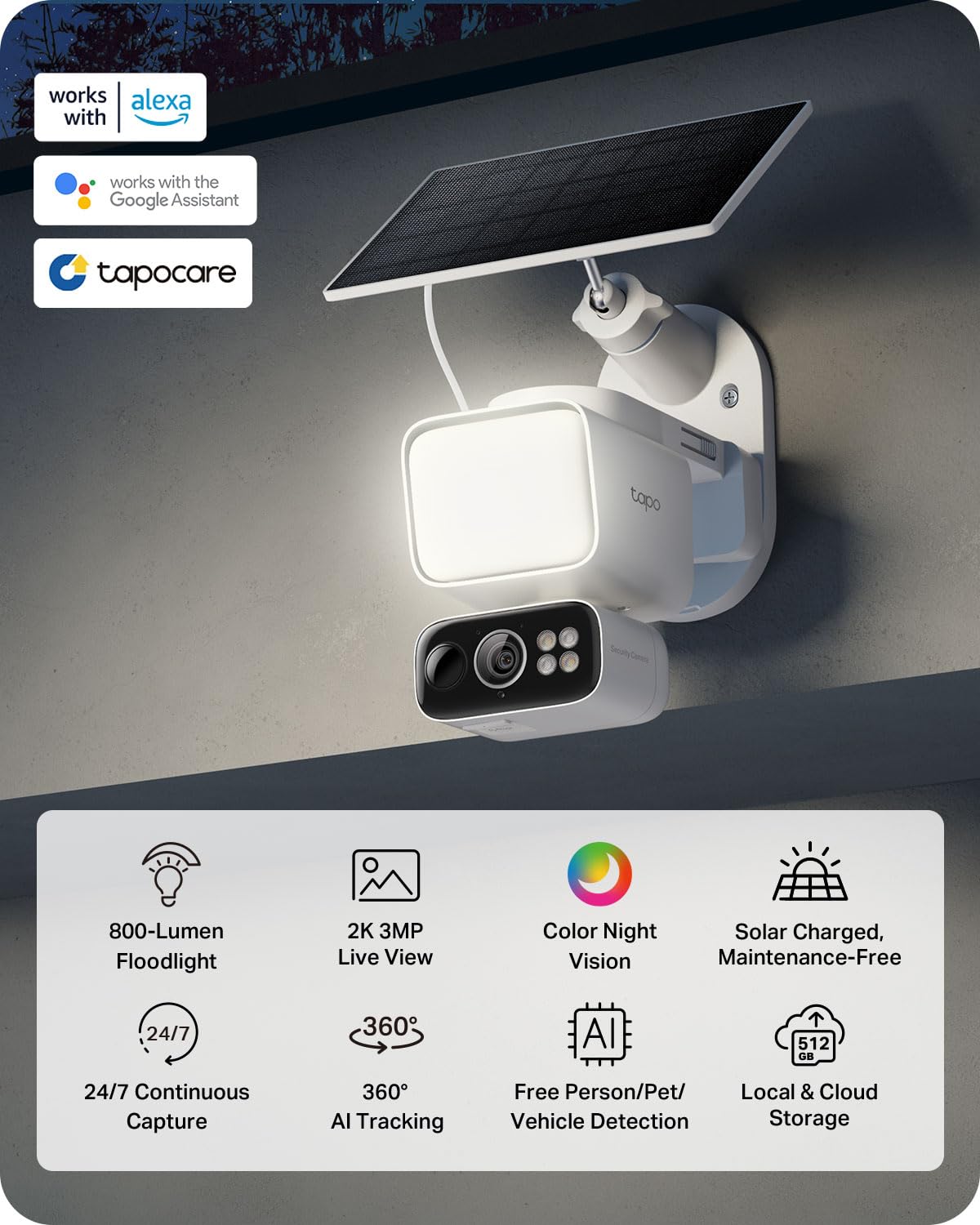 Tapo 2K Outdoor Pan/Tilt Wireless Floodlight Security Camera - Battery Power with Solar, 360º AI Motion Tracking, Person/Vehicle Detection, Subscription-Free Local Storage or Optional Cloud, C615F KIT