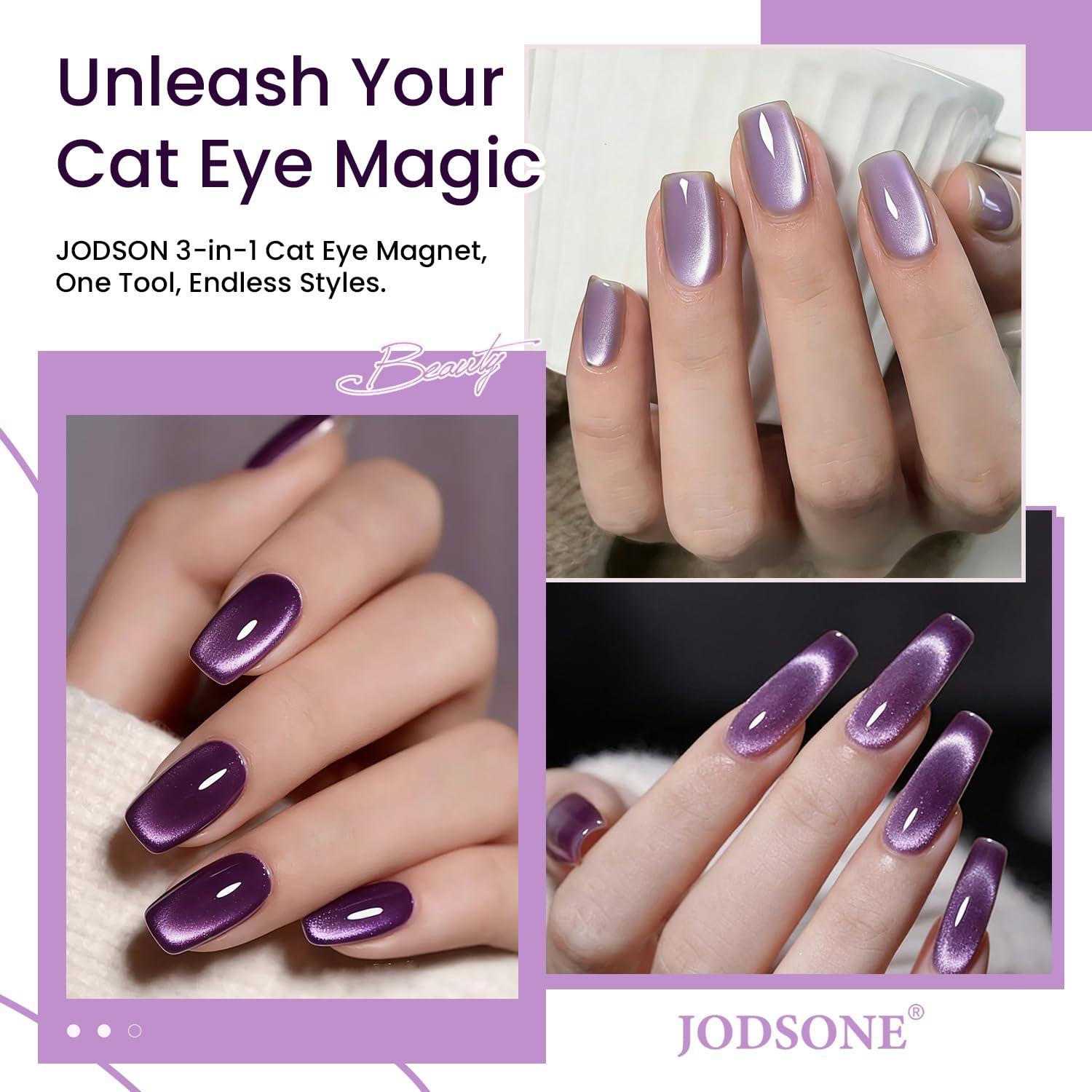 JODSONE 3-in-1 Cat Eye Magnet Nail Art Tool,Purple Cylindrical & Round Ball Nail Magnet Pens, Multi-Effect Magnets for Cat Eye Gel Polish DIY at Home Salon