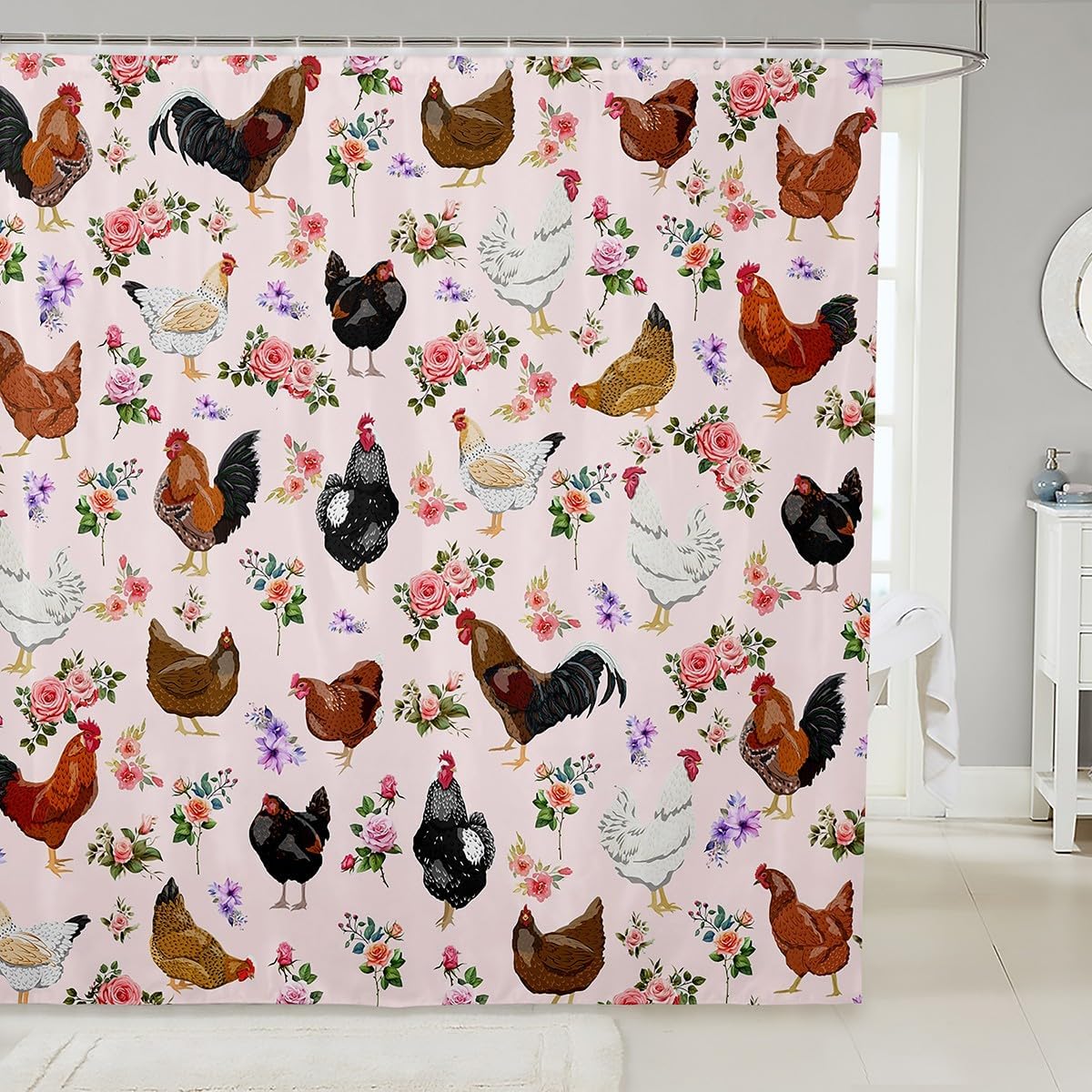 Feelyou Chicken Bath Curtain 72"x84" Cute Animals Pink Shower Curtain for Kids Boys Girls Decor Farmhouse Animals Bathroom Shower Curtain Set Floral Kids Bathroom Accessories
