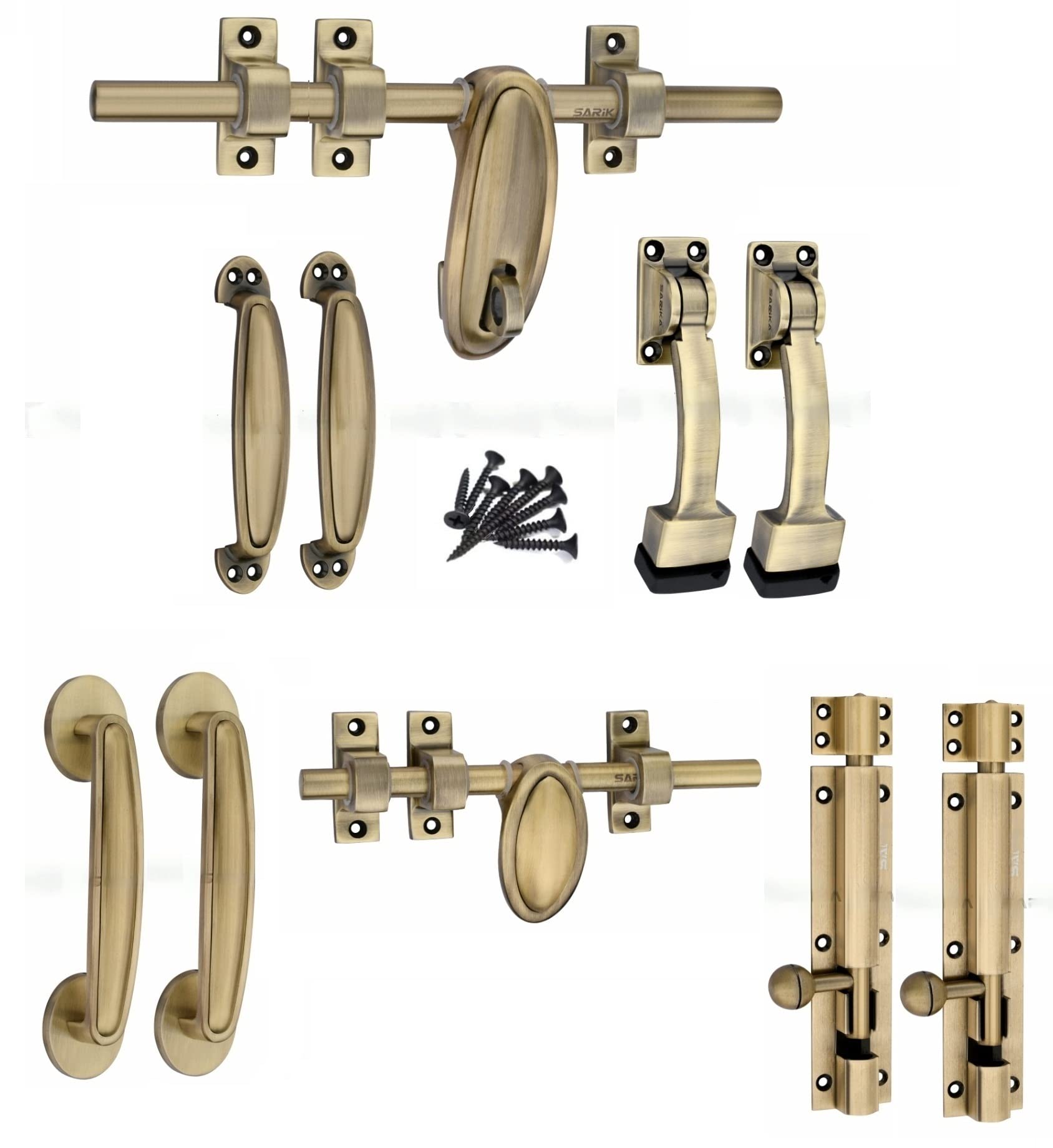 Soul Craft Fossil Zinc Alloy Heavy Double Door Fitting Accessories Full Set/Kit (1 Aldrop, 1 Latch, 4 Handles, 2 Tower Bolt and 2 Door Stopper) (12 Inch,Antique Brass)