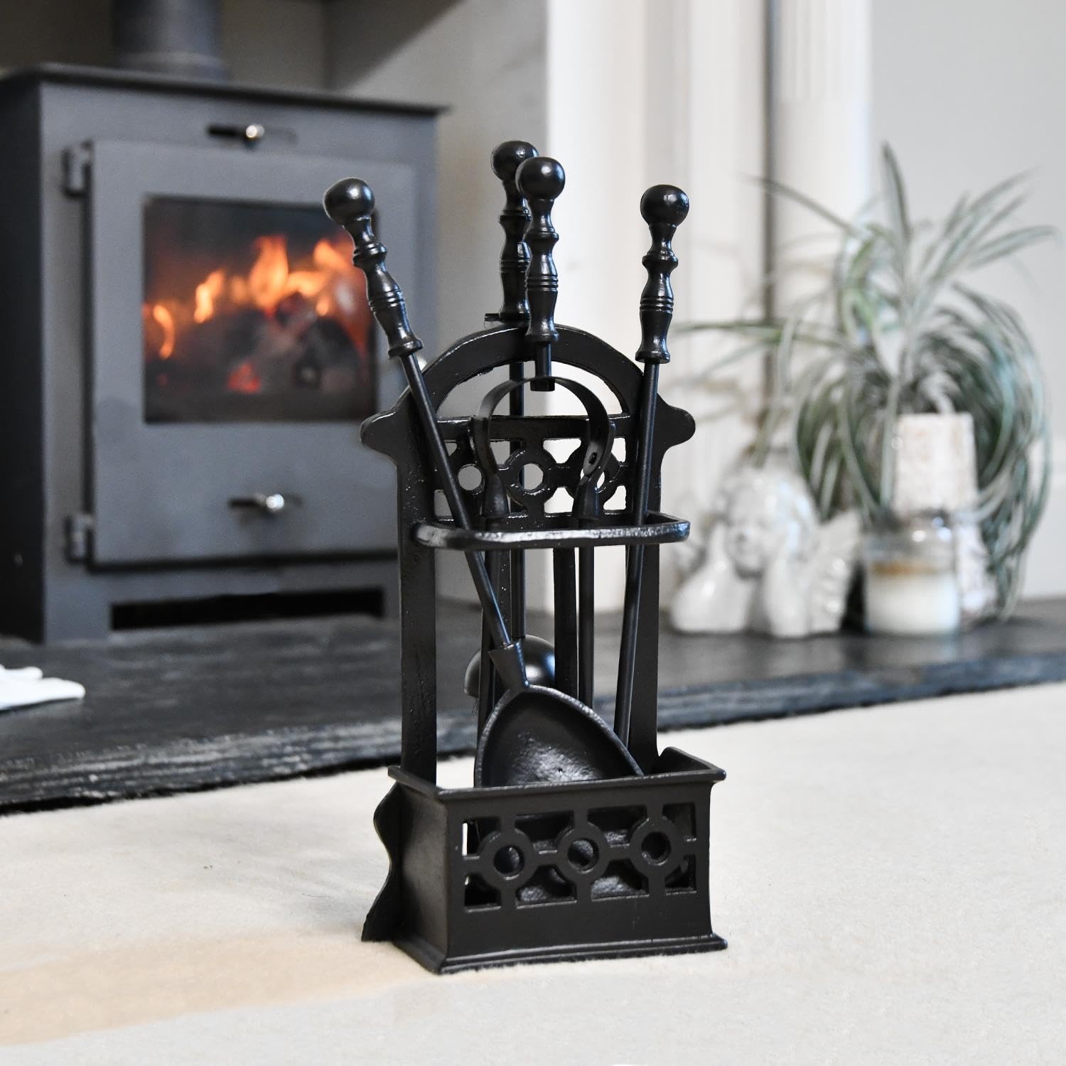 "Cothelstone" Black Victorian 41cm Fireplace Accessories Companion Set - Fireside Tools with Poker, Tongs, Brush and Pan - Elegant and Functional Fireside Companion Set for Fire Log Burner