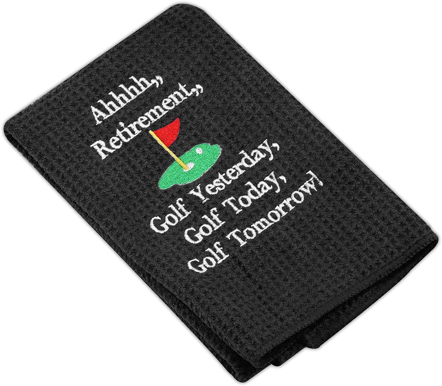 review Generic Ahhhh Retirement Golf Yesterday Golf Today Golf Tomorrow Embroidered Golf Towel with Clip Golf Gift for Men/Women (BK-White)