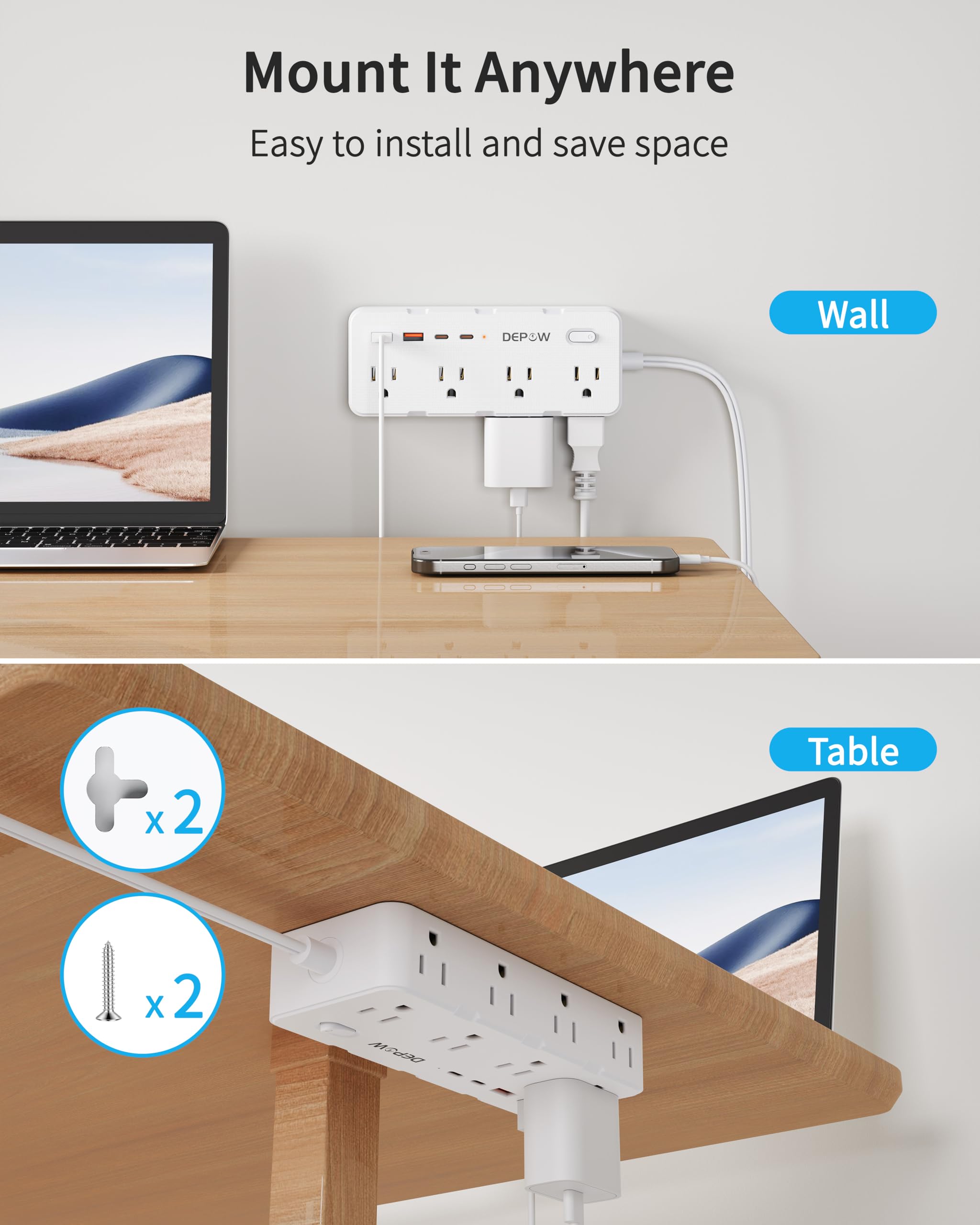 DEPOW - Tira de alimentación de 2 clavijas, cable de extensión de 10 pies, adaptador de salida de 2 a 3 clavijas con 8 puertos CA y 4 puertos USB (2 USB C), protector de sobretensión de dos clavijas