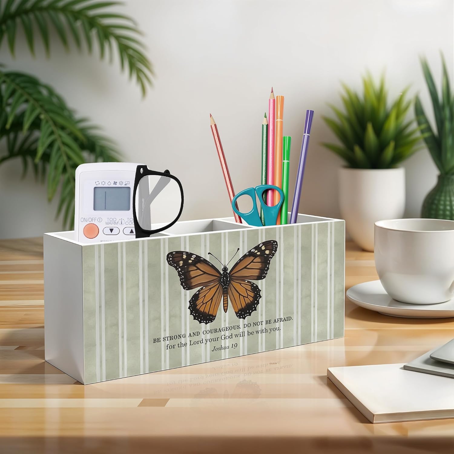 Inspirational Butterfly Christian Pen Pencil Holder, Christian Desk Decor, Be Strong and Courageous Joshua 1:9 Bible Verse Pencil Pen Holder Organizer for Home Office Desk Accessories image 3