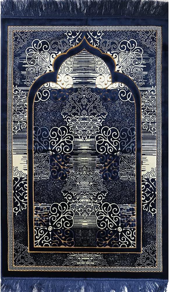 Modefa Prayer Mat | Turkish Velvet Muslim Prayer Rug Muslim Prayer Mat Islam | Soft Beautiful Prayer Rug Janamaz Sajjadah with Car Hanger | Classic Elegant Swirl (Navy Blue)