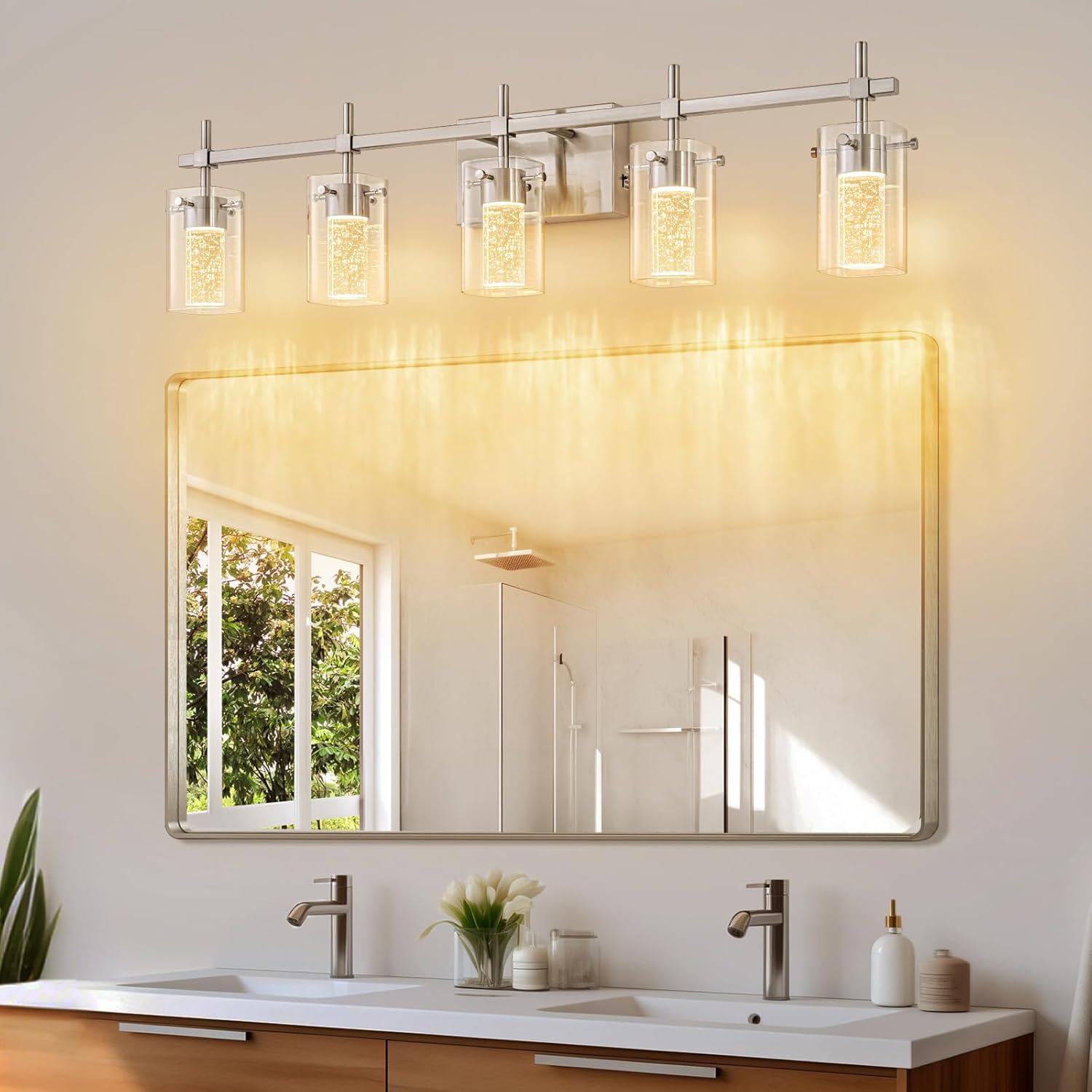 5-Light Brushed Nickel Vanity Light with 3 Color Modes (3000K/4000K/6000K),Dimmable Modern Wall Light Over Mirror,LED Bathroom Light Fixturewith Clear Glass Shade