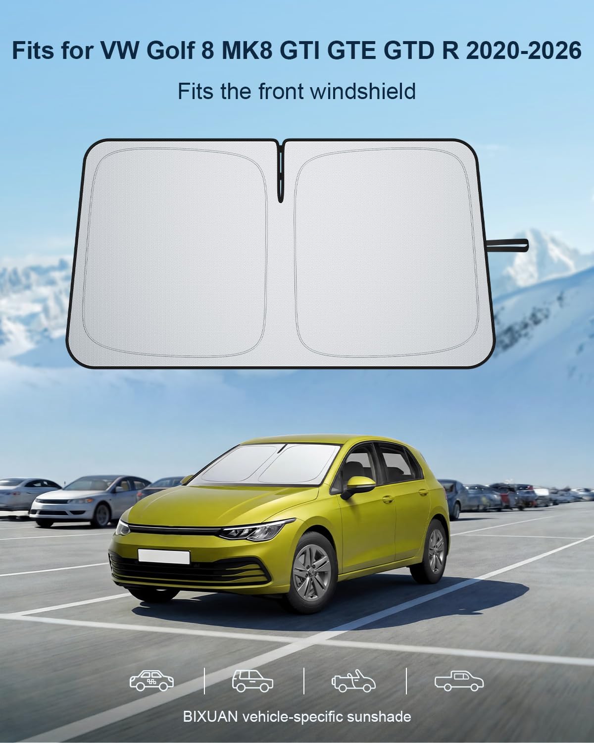 BIXUAN Osłona przeciwsłoneczna na przednią szybę, kompatybilna z VW Golf 8 MK8 GTI GTE 2020-2025 2026, osłona przeciwsłoneczna na przednią szybę, składany parasol przeciwsłoneczny z ochroną przed