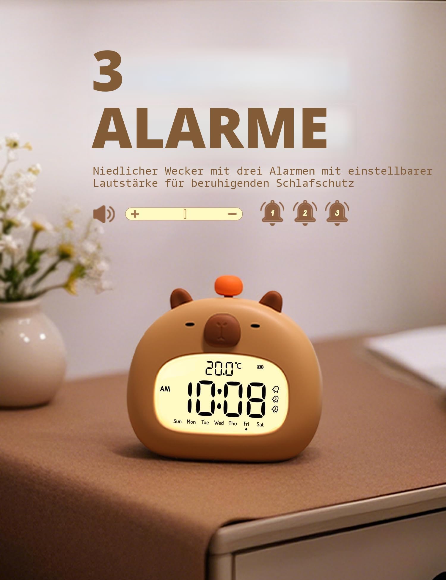 IHALO Capybara Kinderwecker mit Nachtlicht, Wecker Digital Kinder, Ok to Wake 3 Alarme, Snooze und Timer, Wiederaufladbar für Schlafzimmer Schreibtisch Reisen Dekoration Babyzimmer Jungen und Mädche