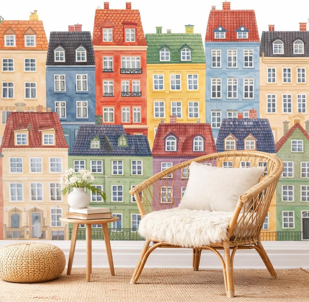 Large Village Kit Wall Decal for Kids Bedroom - Copenhagen Buildings Rooftop Watercolor Decoration - Girls Boys Room Art Mural Vinyl Sticker