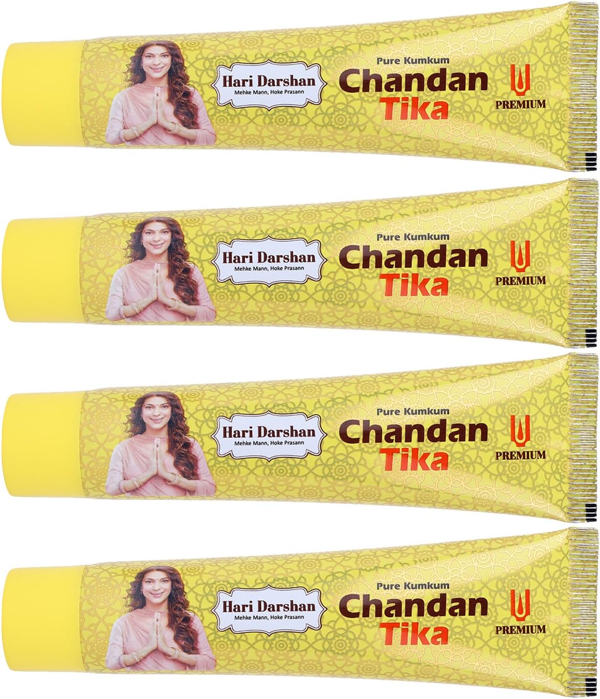 Hari Darshan Premium Chandan Tika Tube Paste | Pure Sandalwood Tilak Paste for Daily Pooja Havan & Rituals | Herbal Chandan Tilak Tube for Spiritual Worship & Meditation - Pack of 4-50g Each