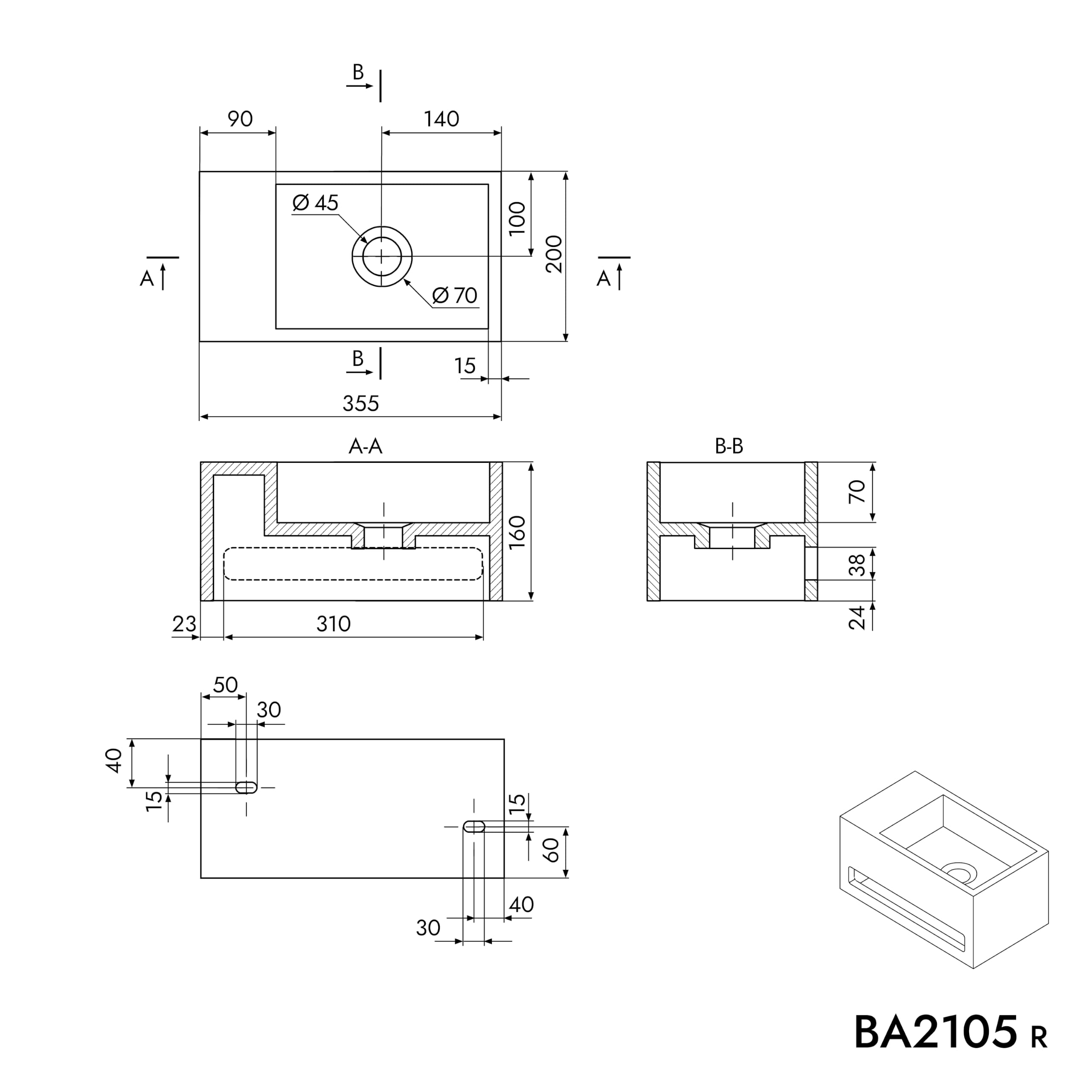 BERNSTEIN - Vasque Lavabo Rectangulaire suspendu Blanc mat 60x40x20cm Lave main mural fonte minérale + Porte-serviette & Bonde cache Blanc - Etagère à gauche - Design, Robuste & Durable - TWG02