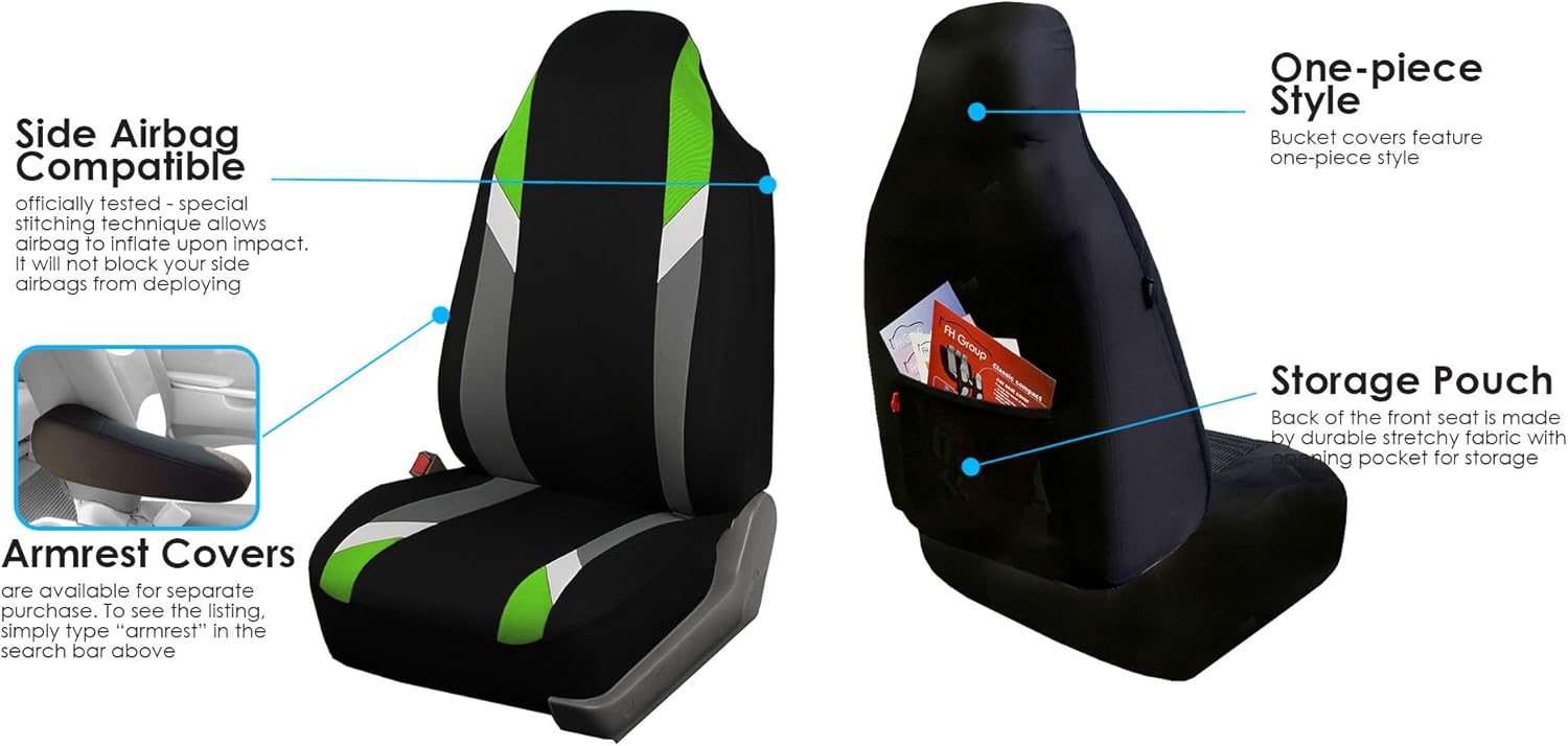 FH Group FB133115 Premium Modernistic Full Set Seat Covers w. Free Air Freshener, Green/Black- Fit Most Car, Truck, SUV, or Van