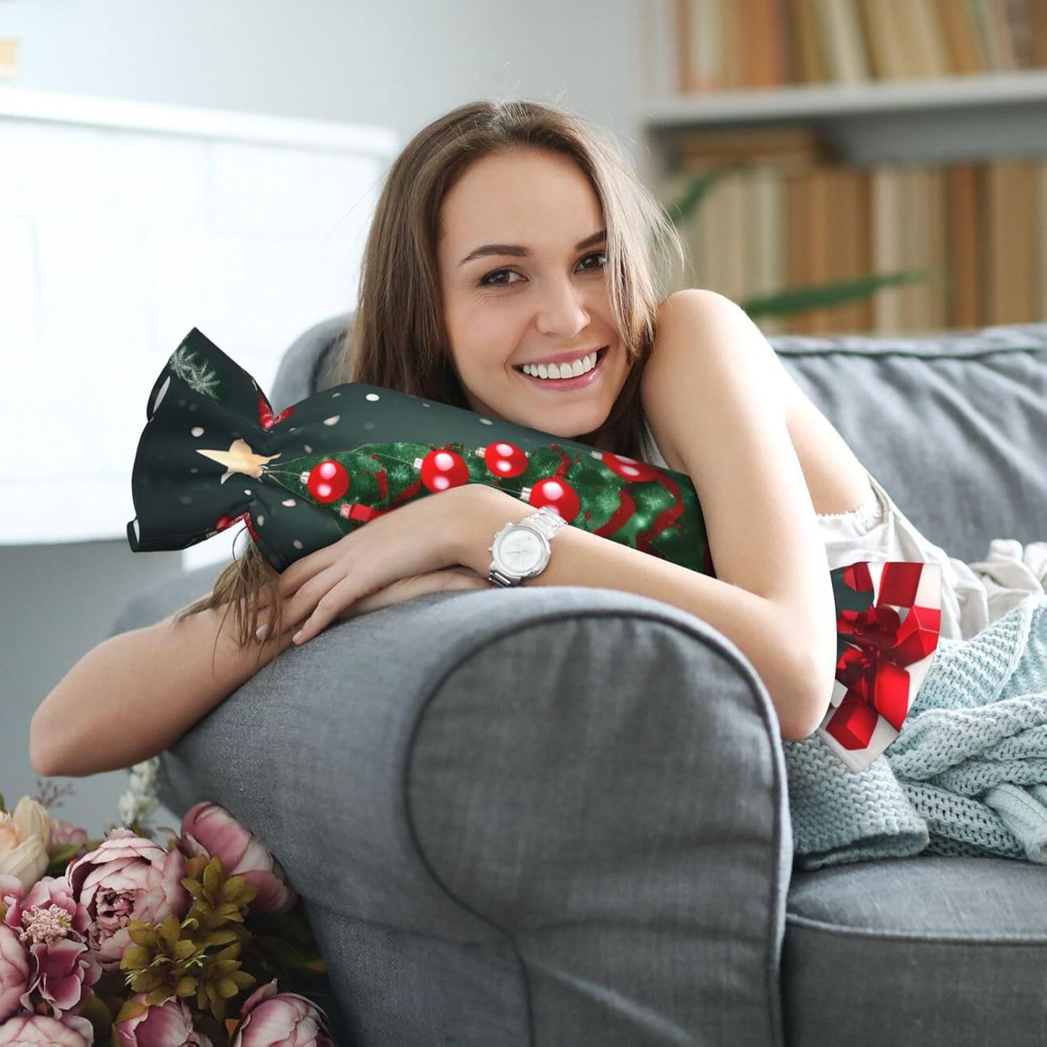 Christmas Tree and Ball Print Candy Cylindrical Eco-Friendly Pillow Soft Velvet Living Room Bedroom Travel Decor