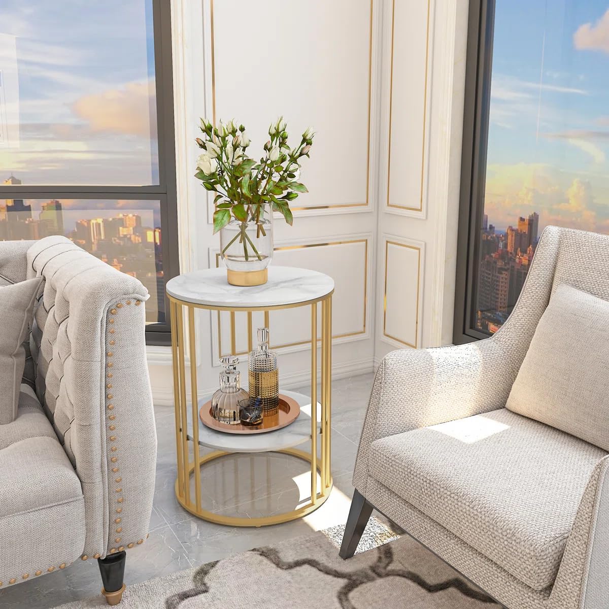 Round Side Table with Marble Finish MDF Top and Metal Frame, 40x40x55 cm, Golden White, 4 kg, for Living Room, Bedroom, and Balcony-image-35