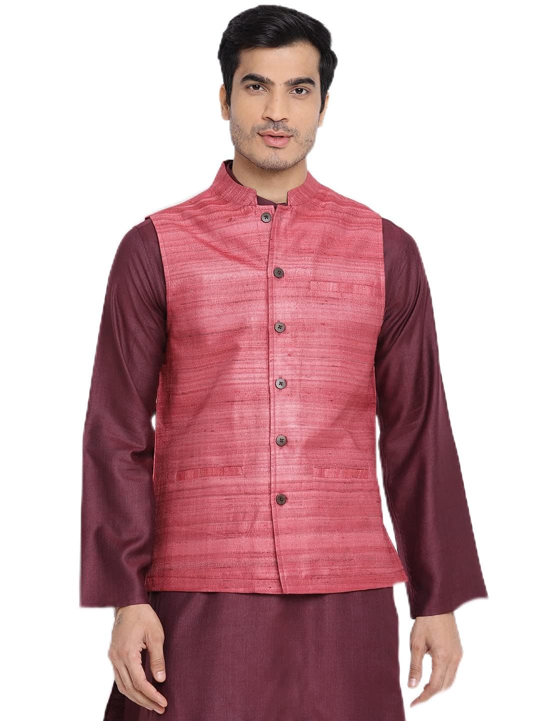 fabindia Men Silk Regular Fit Nehru Jacket Pink-picture-41