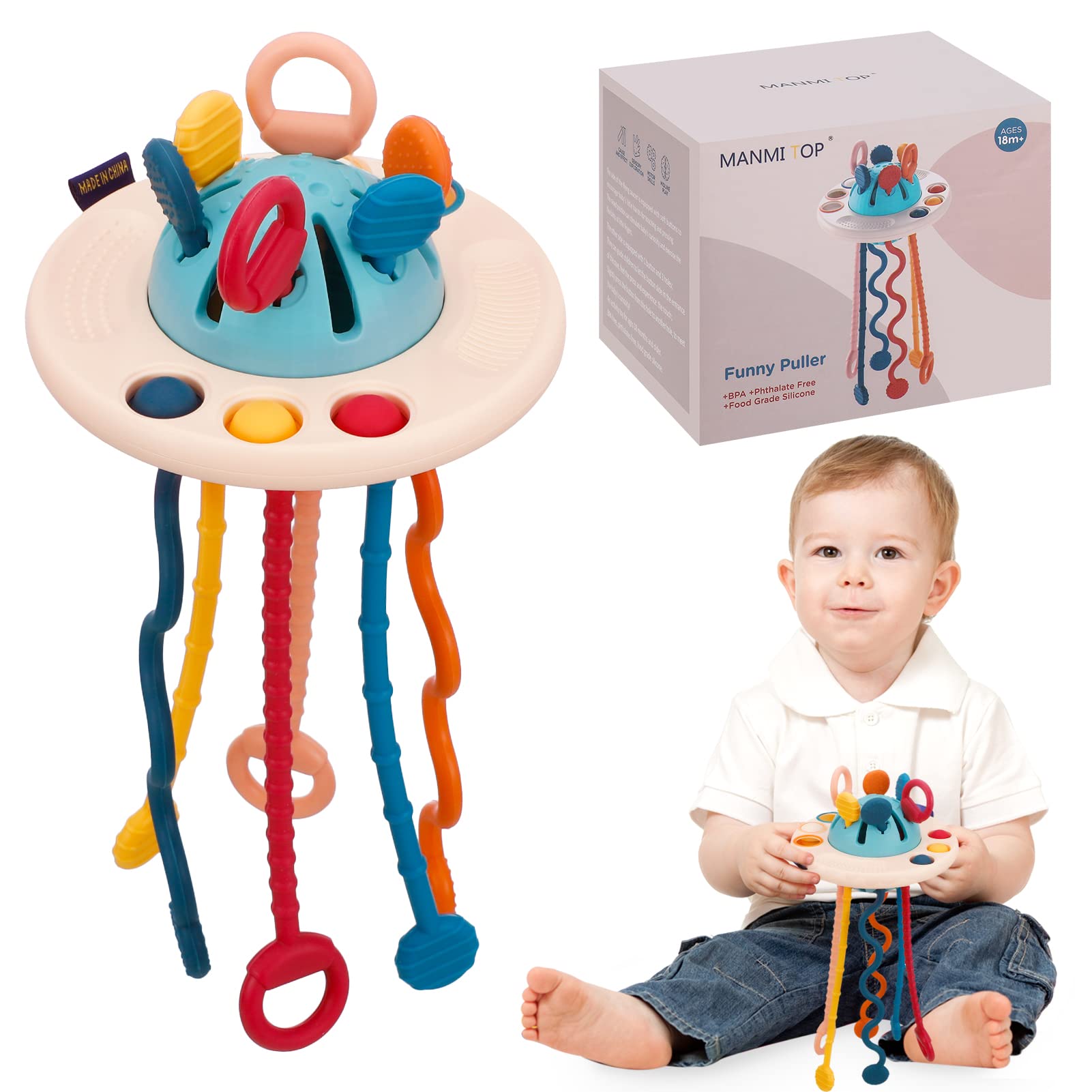 QINREN Montessori Sensory Toys for 18 Month, Silicone Pull String Activity Toddler Toys, Food Grade Silicone Pull Cords Travel Toys Gifts for 1-3 Year Old Boys Girls( Flying saucer)