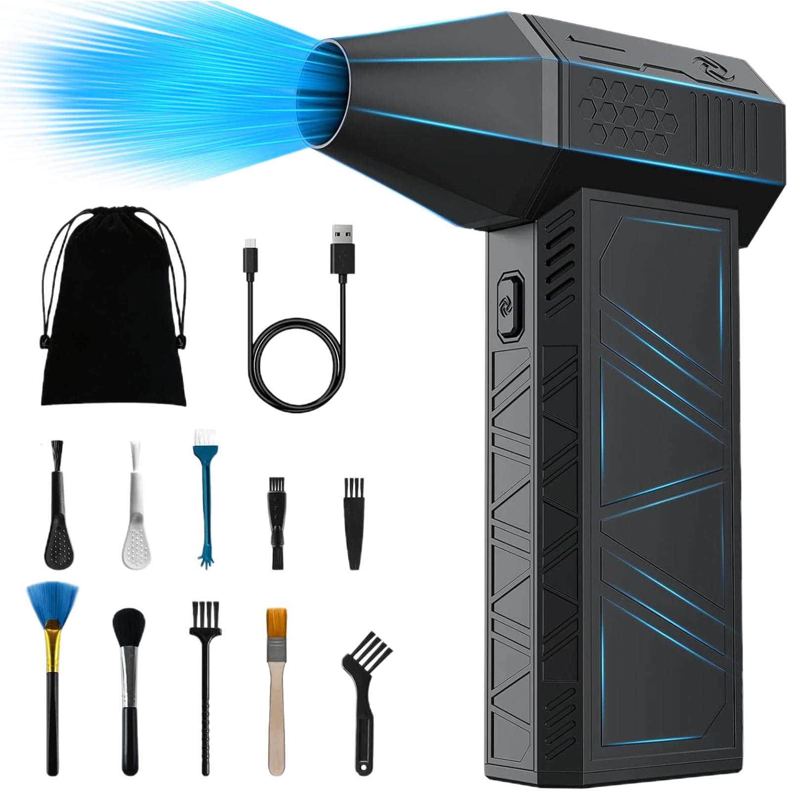 Preshwous Turbo Dryer Blower for Car, 150000RPM Jet Dry Blower, 3 Gear Portable Compressed Air Duster with Brush Set, Electric Air Duster for Car, Keyboard Computer Cleaning