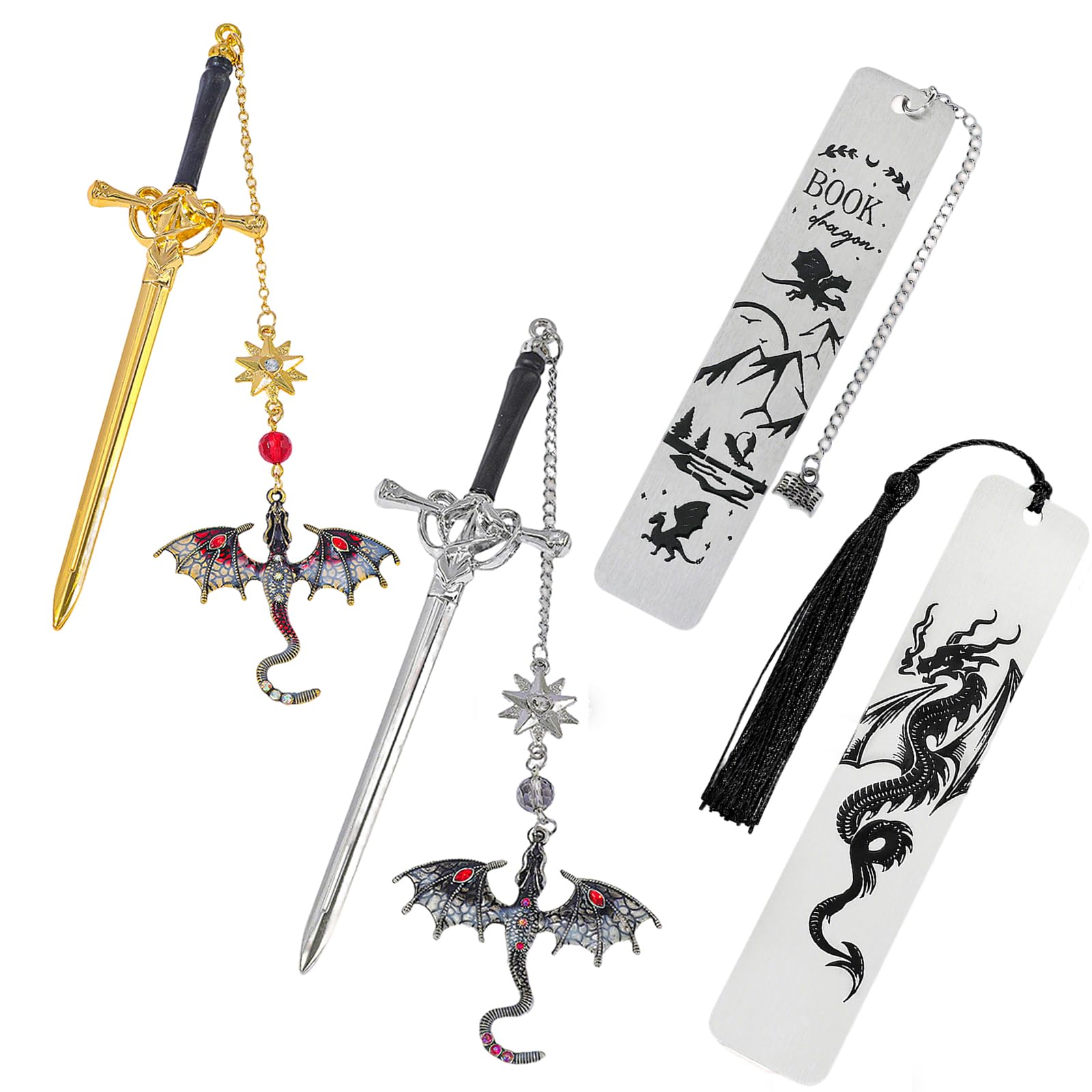 4Pcs Dragon Bookmarks Metal, Cool Gothic Fantasy Book Marks Sword Bookmark