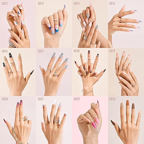 Miniatura 6 de Gold Finger Gel Glam - Kit de uñas de gel con diseño, uñas adhesivas a presión, manicura sin esmalte, longitud larga (GD18)