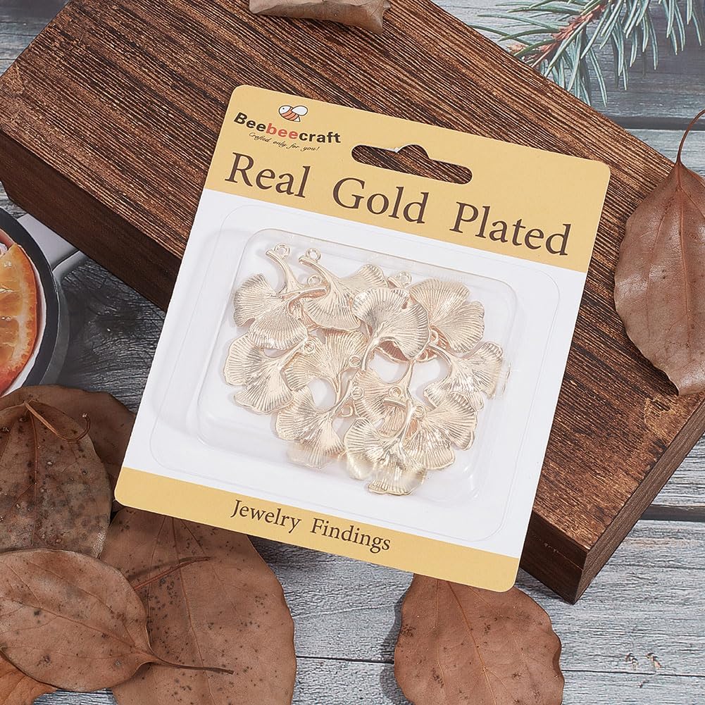 Beebeecraft 1 Box 15Pcs Ginkgo Leaf Charms 18K Gold Plated Autumn Fall Tree Leaves Pendant Charms for Jewelry Making Necklace Bracelet