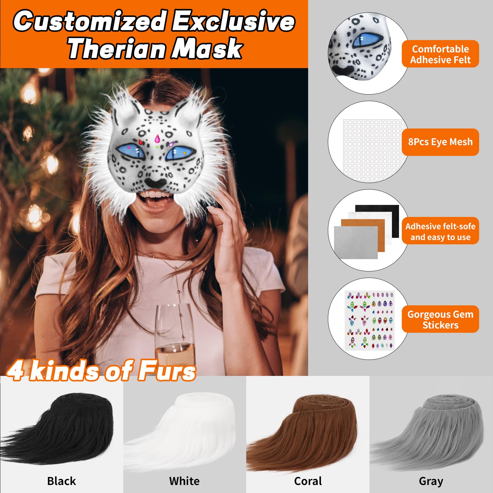 Dreamtop Therian Maschera Gatto Kit con 4 Finta Pelliccia di Therian e Foglio di Feltro Autoadesivo, Maglie per Occhi di Mask e Adesivo con Gemme, per Making Furry Maschera Therian Volpe Gatto Lupo