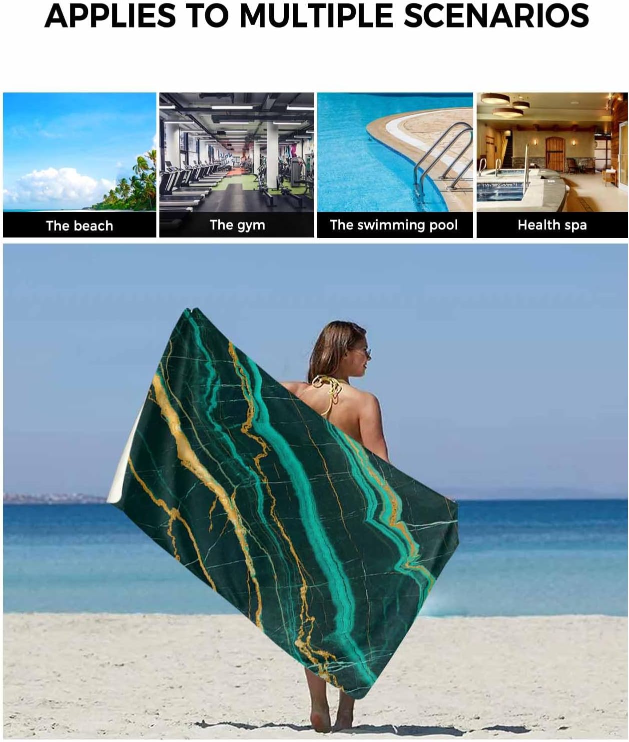 Marble Emerald Green Bath Towels for Bathroom Set - Luxury Microfiber Towels Gifts for Women,Quick Dry Beach Kitchen Hand Hair Face Towel and Dish Washcloth,Modern Abstract Gold Art Workout Towels+Set