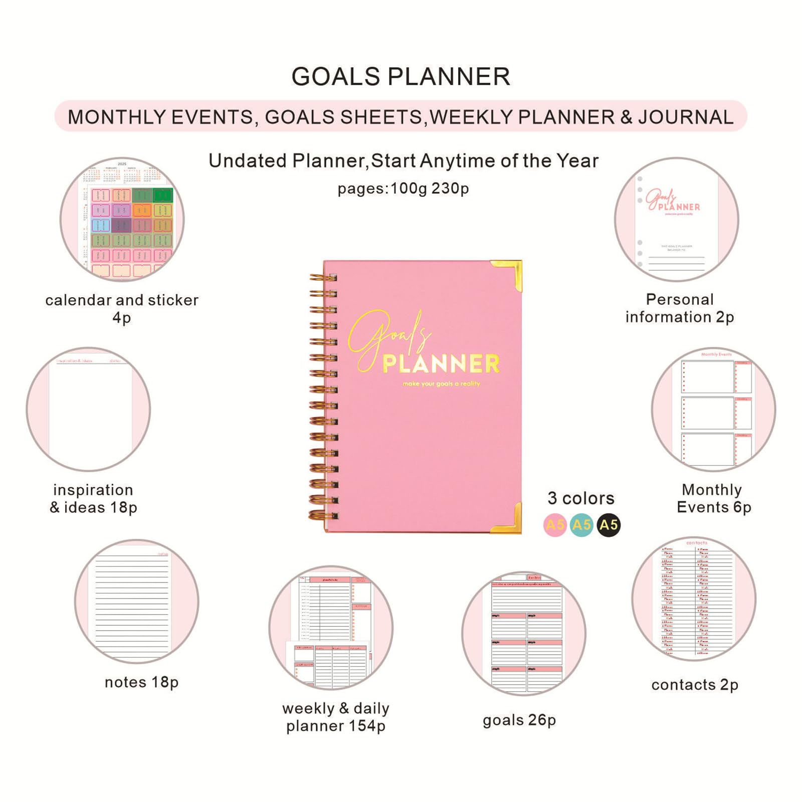 Elegante carta spessa con linguette laminate Ampio spazio per professionisti impegnati Agenda premium con copertina rigida con sezioni mensili settimanali gestione efficiente delle attività
