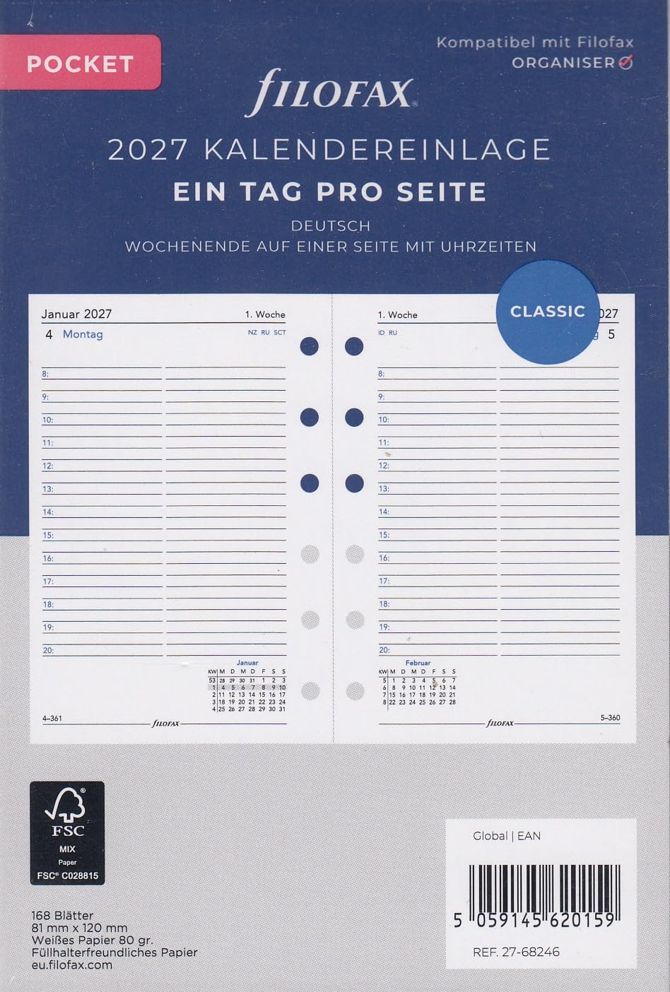 Filofax Calendar insert pocket 1 day on 1 page, German 2027