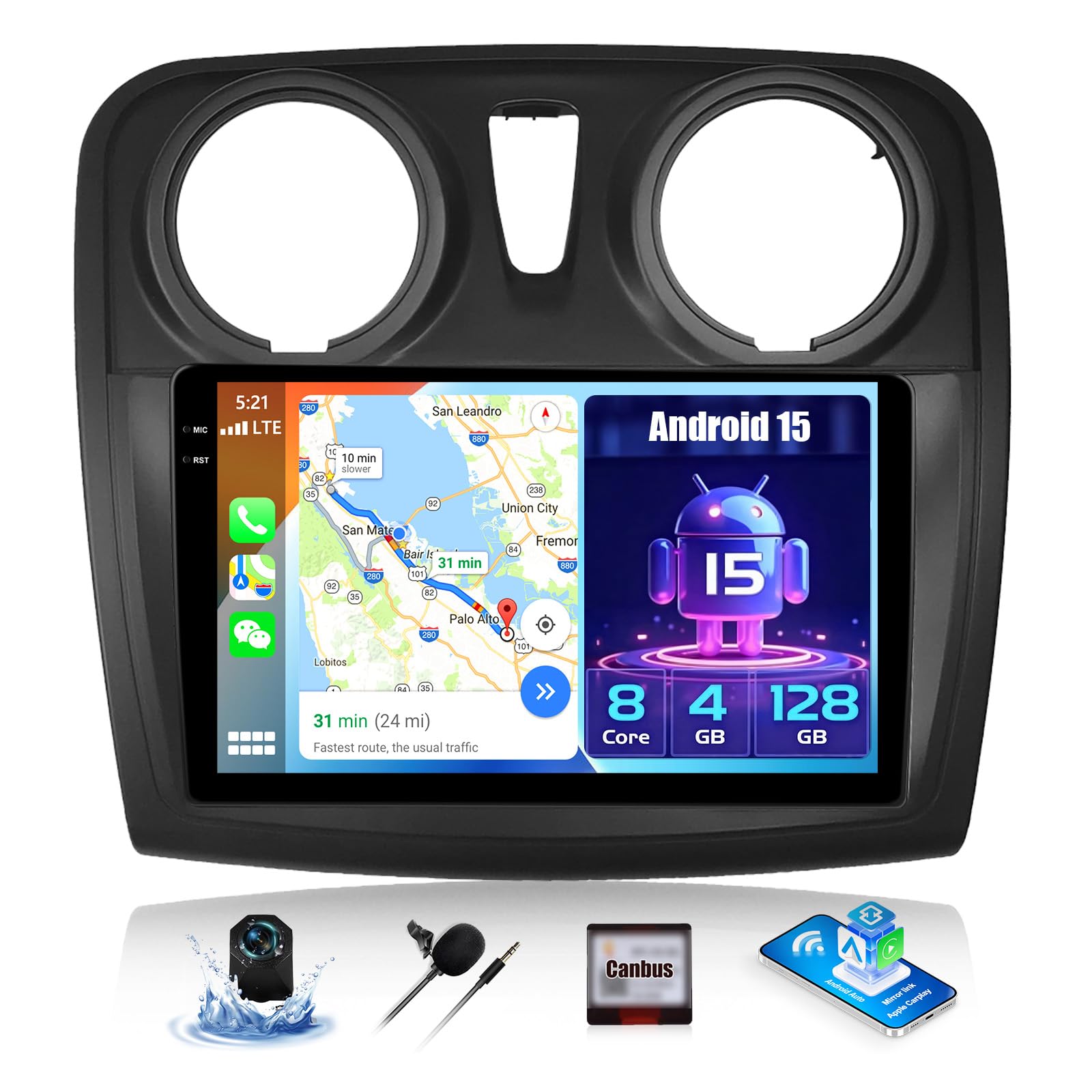 Android 15, 4G+128G GOHHDL Radio Coche Navi para Renault Dacia SANDERO II B52 2012-2019 con Carplay Android Auto, Radio para Coche de 9 Pulgadas con GPS WiFi Bluetooth FM/RDS EQ SWC Cámara&Mic
