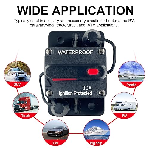 Miniatura 7 de Disyuntor de 30 amperios de 12 V a 48 V CC con botón de interruptor de reinicio manual para motor de arrastre de barcos, vehículos de remolque ATV